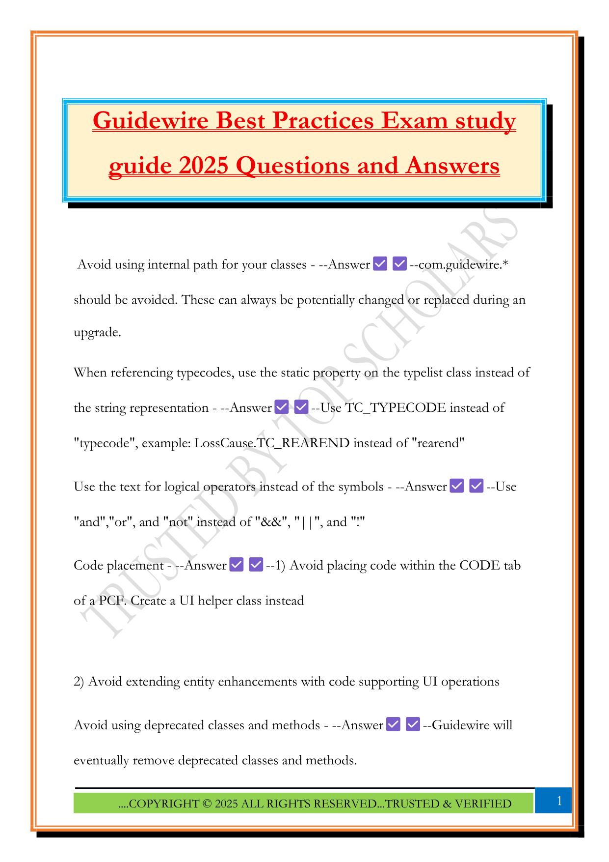 Guidewire Best Practices Exam study guide 2025 Questions and Answers