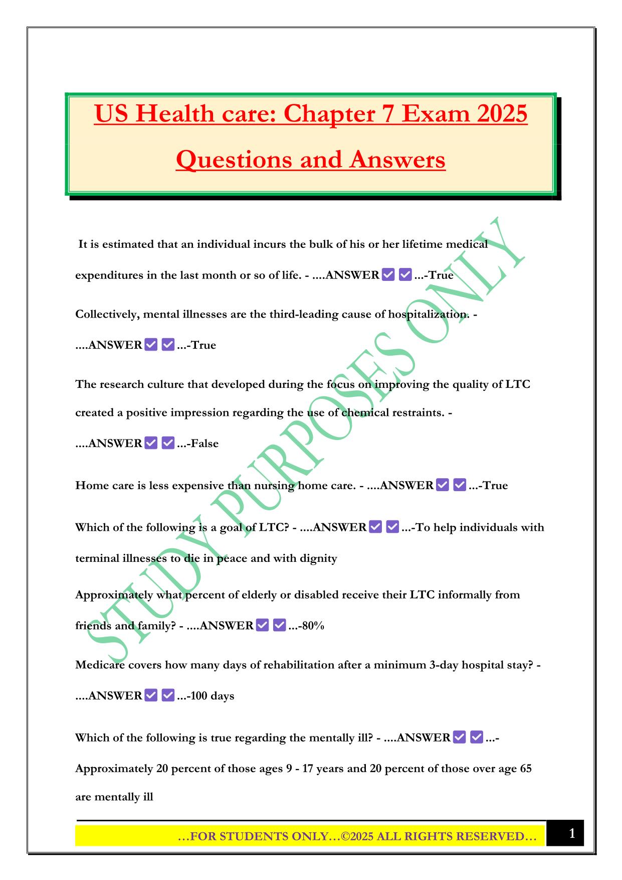 US Health care: Chapter 7 Exam 2025 Questions and Answers