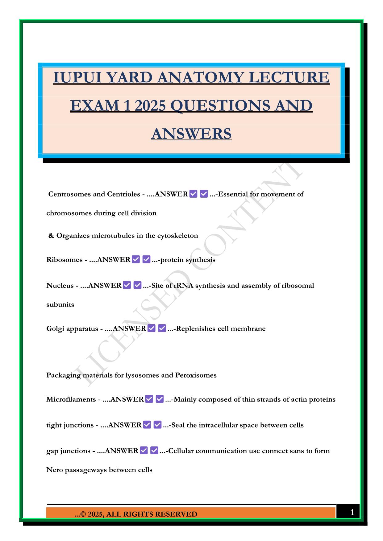 IUPUI YARD ANATOMY LECTURE EXAM 1 2025 QUESTIONS AND ANSWERS