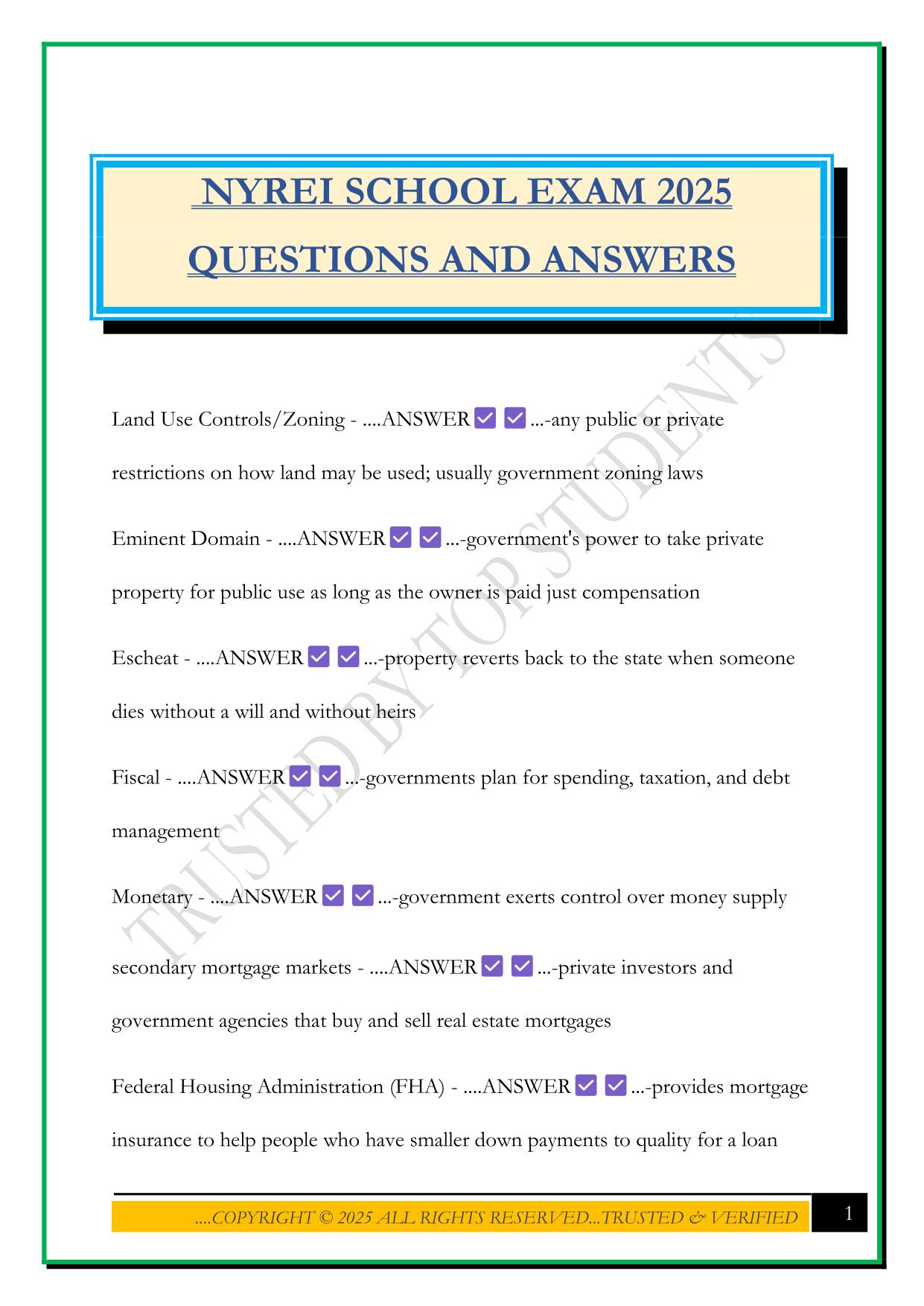 NYREI SCHOOL EXAM 2025 QUESTIONS AND ANSWERS