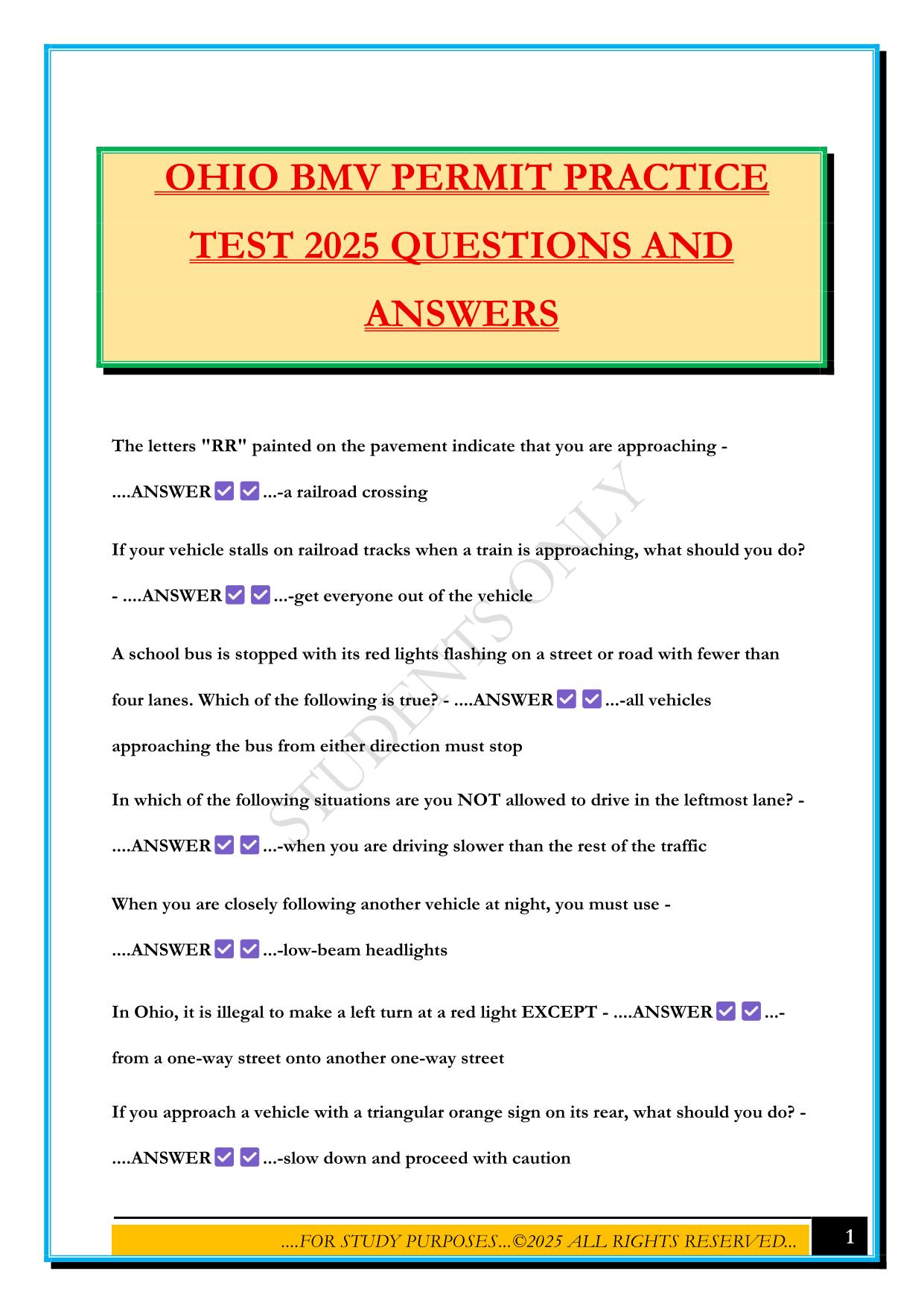 OHIO BMV PERMIT PRACTICE TEST 2025 QUESTIONS AND ANSWERS