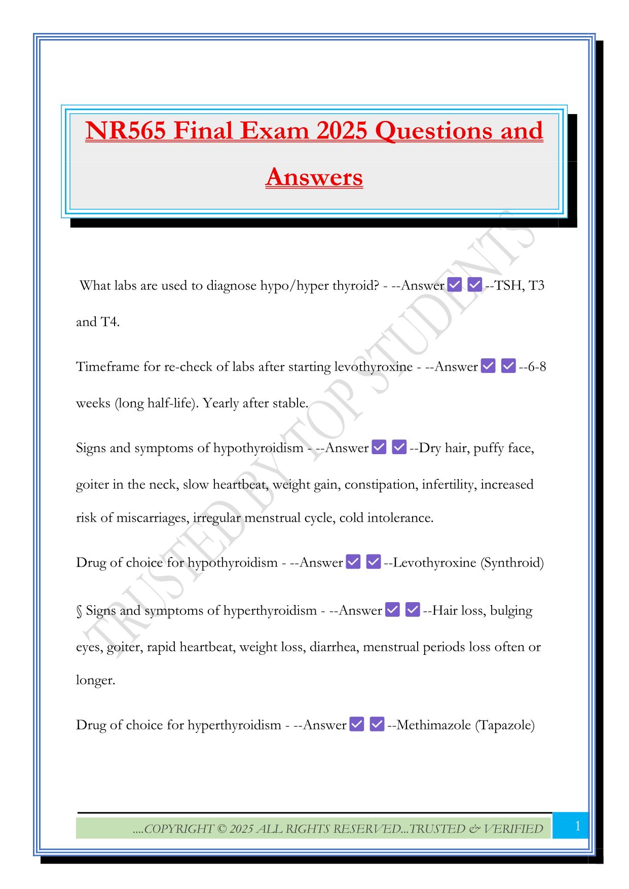 NR565 Final Exam 2025 Questions and Answers