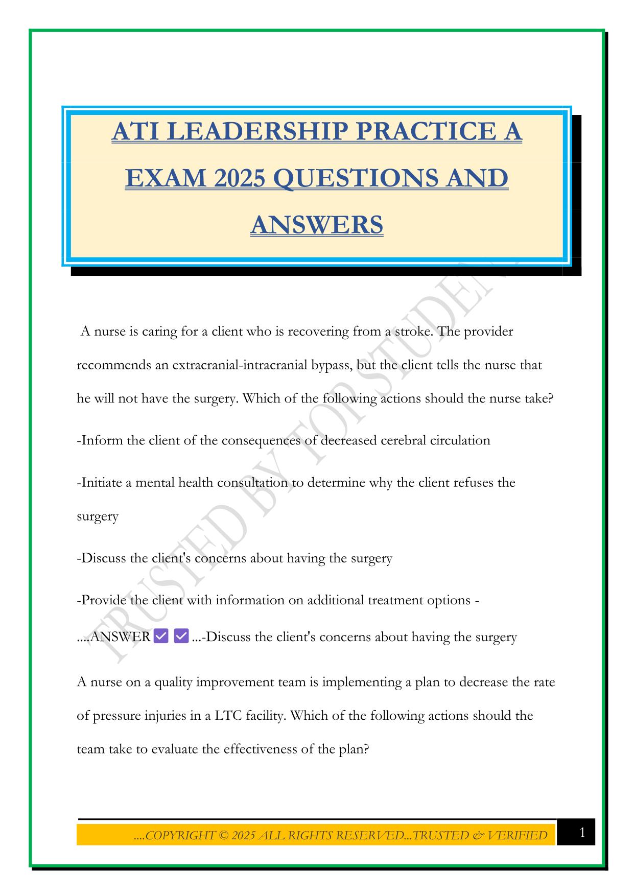 ATI LEADERSHIP PRACTICE A EXAM 2025 QUESTIONS AND ANSWERS