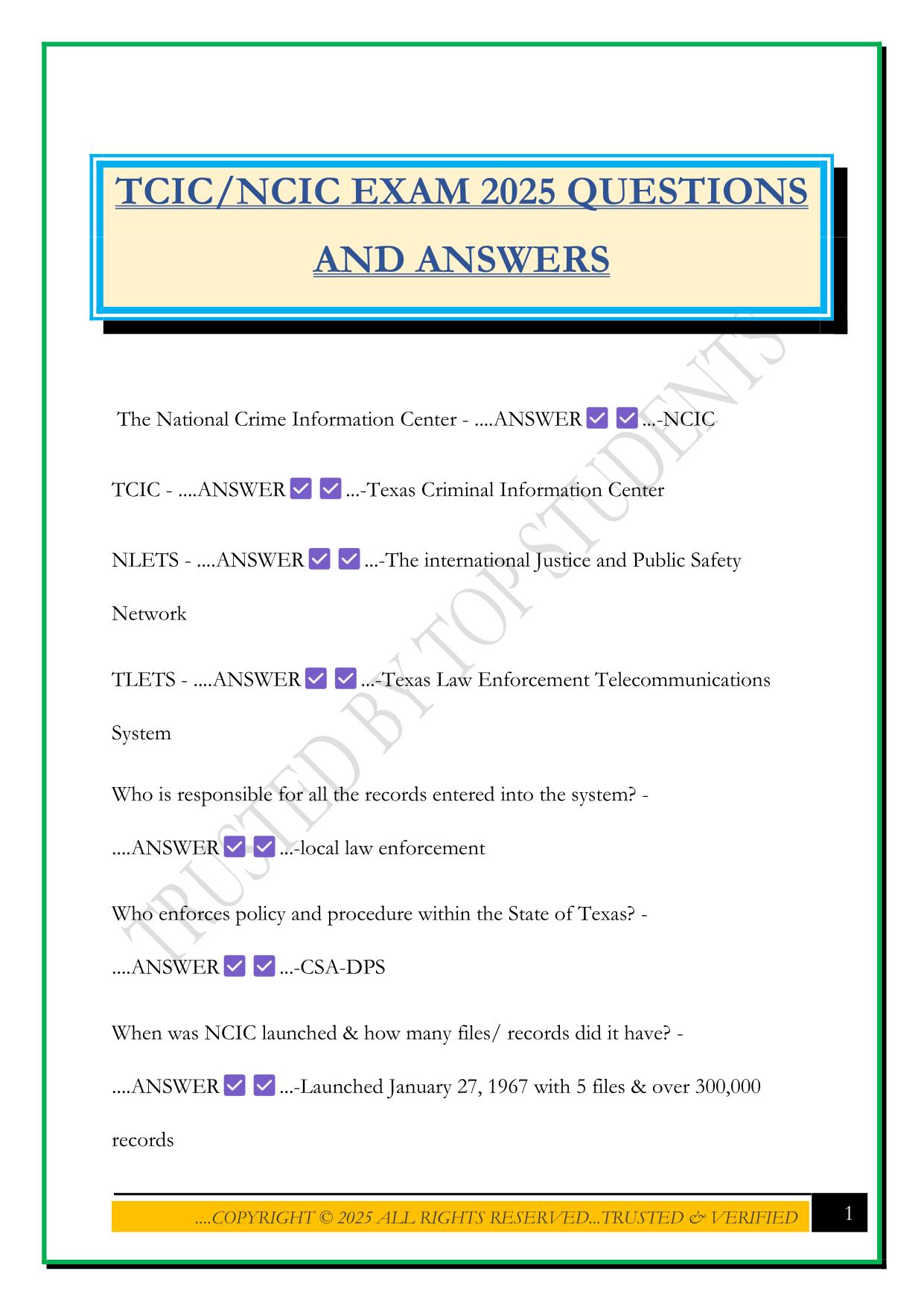 TCIC/NCIC EXAM 2025 QUESTIONS AND ANSWERS