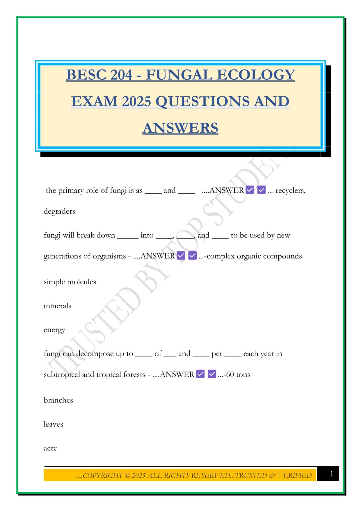BESC 204 - FUNGAL ECOLOGY EXAM 2025 QUESTIONS AND ANSWERS