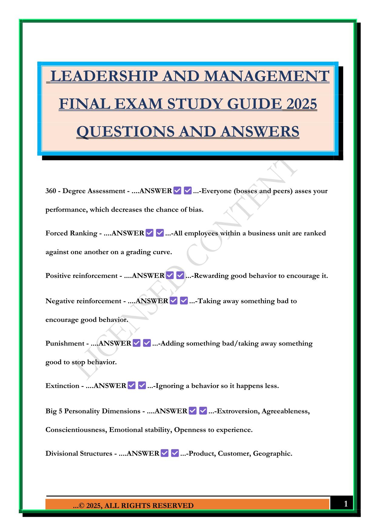 LEADERSHIP AND MANAGEMENT FINAL EXAM STUDY GUIDE 2025 QUESTIONS AND ANSWERS