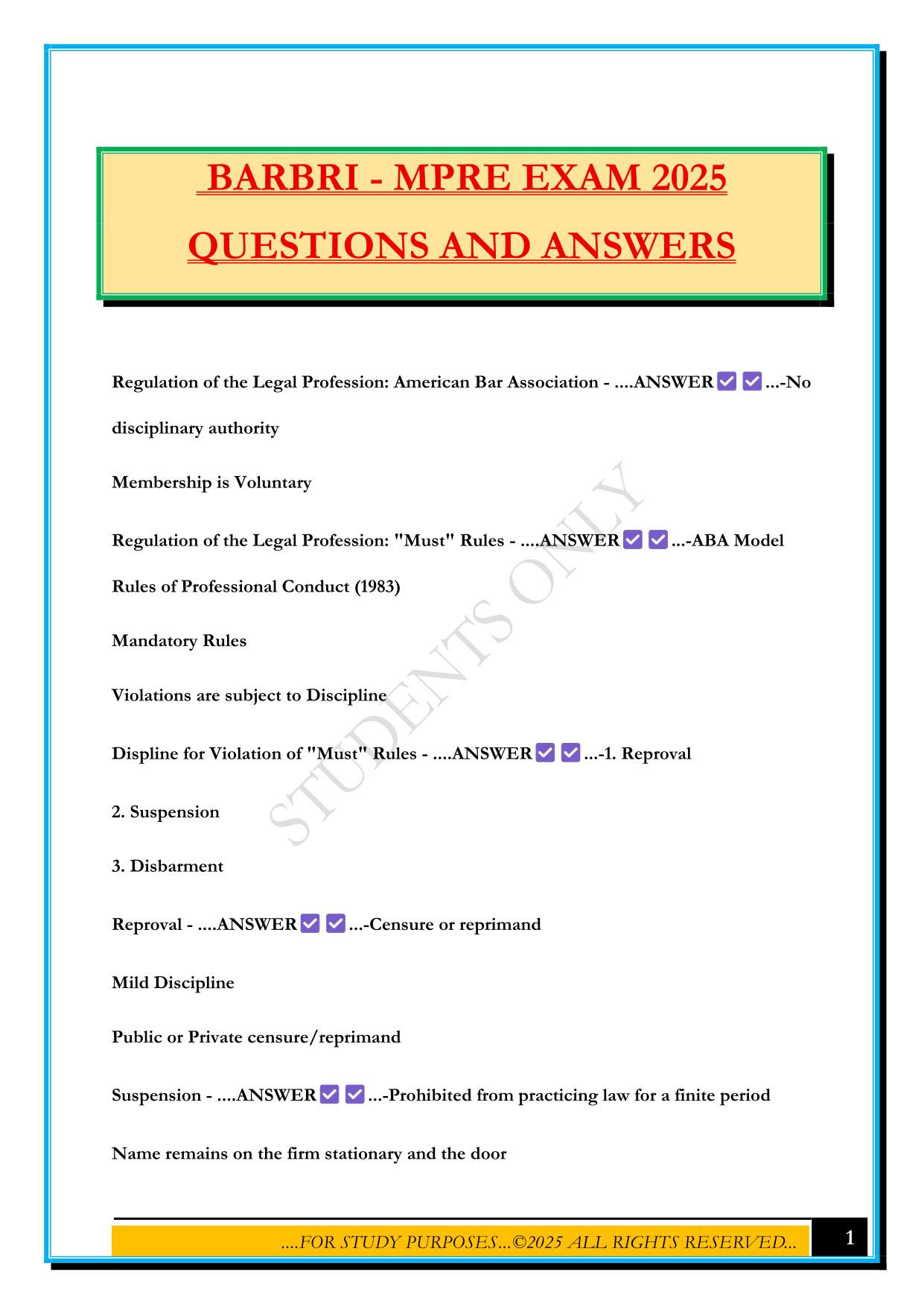 BARBRI - MPRE EXAM 2025 QUESTIONS AND ANSWERS