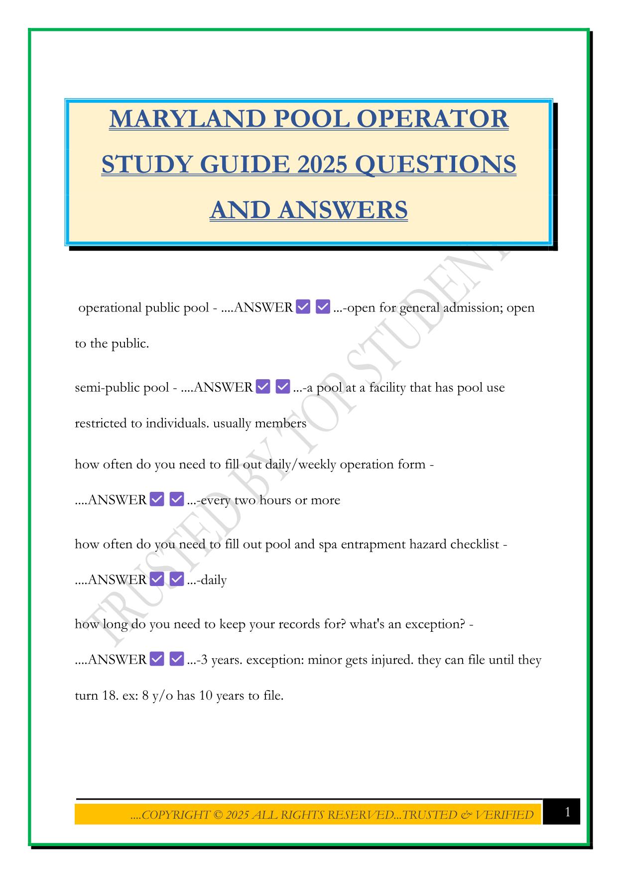 MARYLAND POOL OPERATOR STUDY GUIDE 2025 QUESTIONS AND ANSWERS