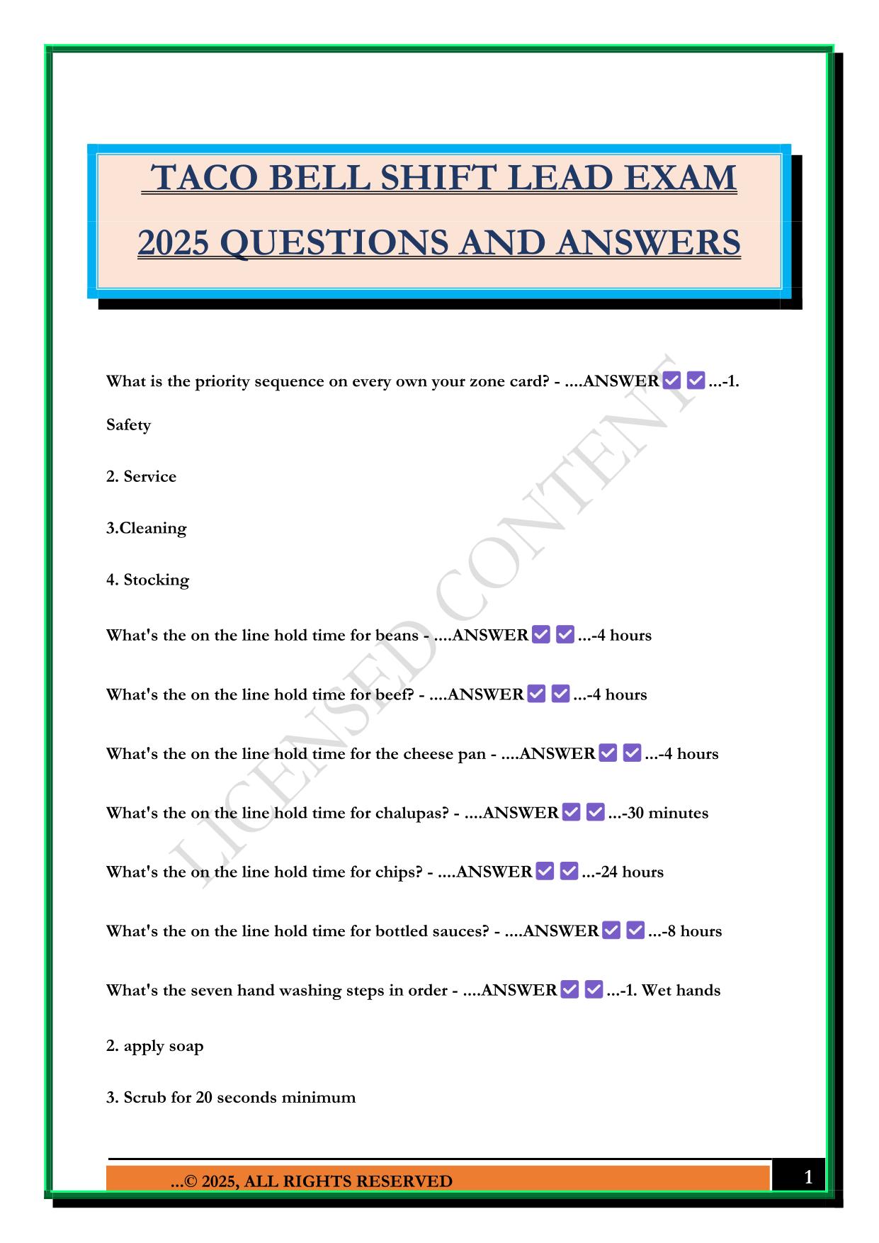 TACO BELL SHIFT LEAD EXAM 2025 QUESTIONS AND ANSWERS