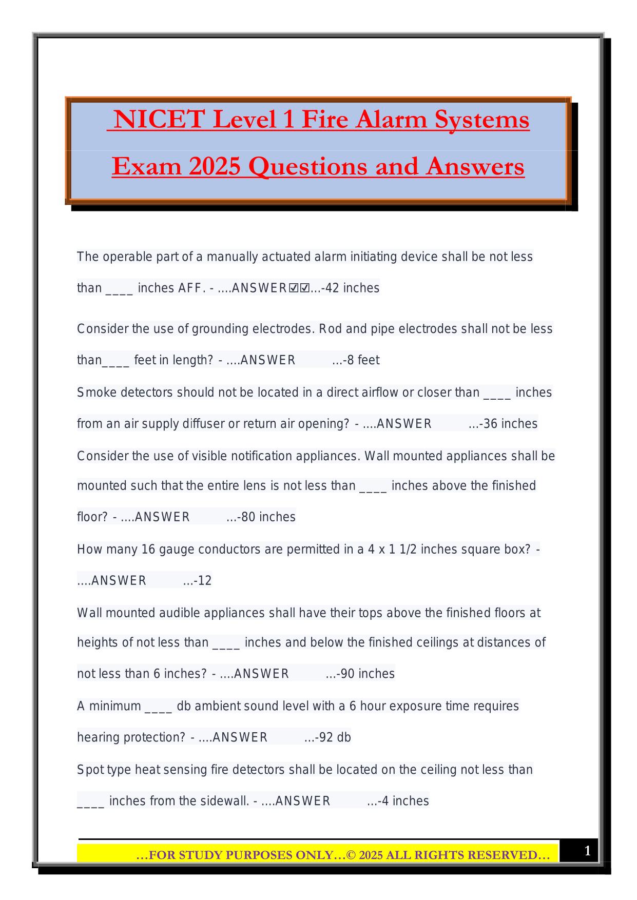 NICET Level 1 Fire Alarm Systems Exam 2025 Questions and Answers