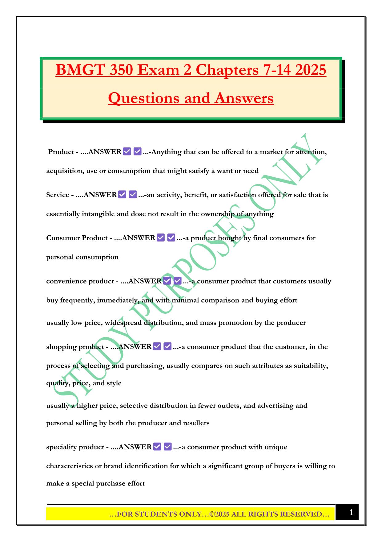 BMGT 350 Exam 2 Chapters 7-14 2025 Questions and Answers