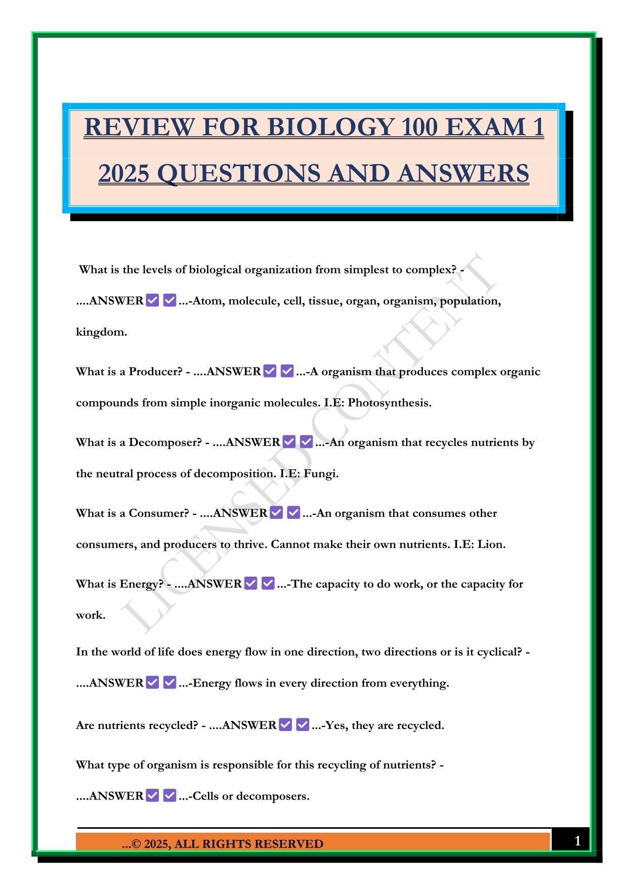 REVIEW FOR BIOLOGY 100 EXAM 1 2025 QUESTIONS AND ANSWERS