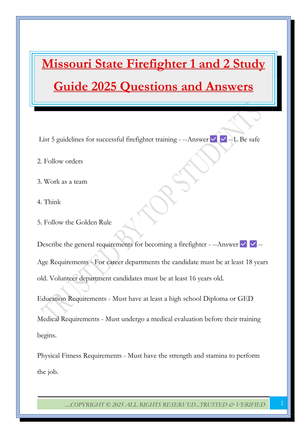 Missouri State Firefighter 1 and 2 Study Guide 2025 Questions and Answers