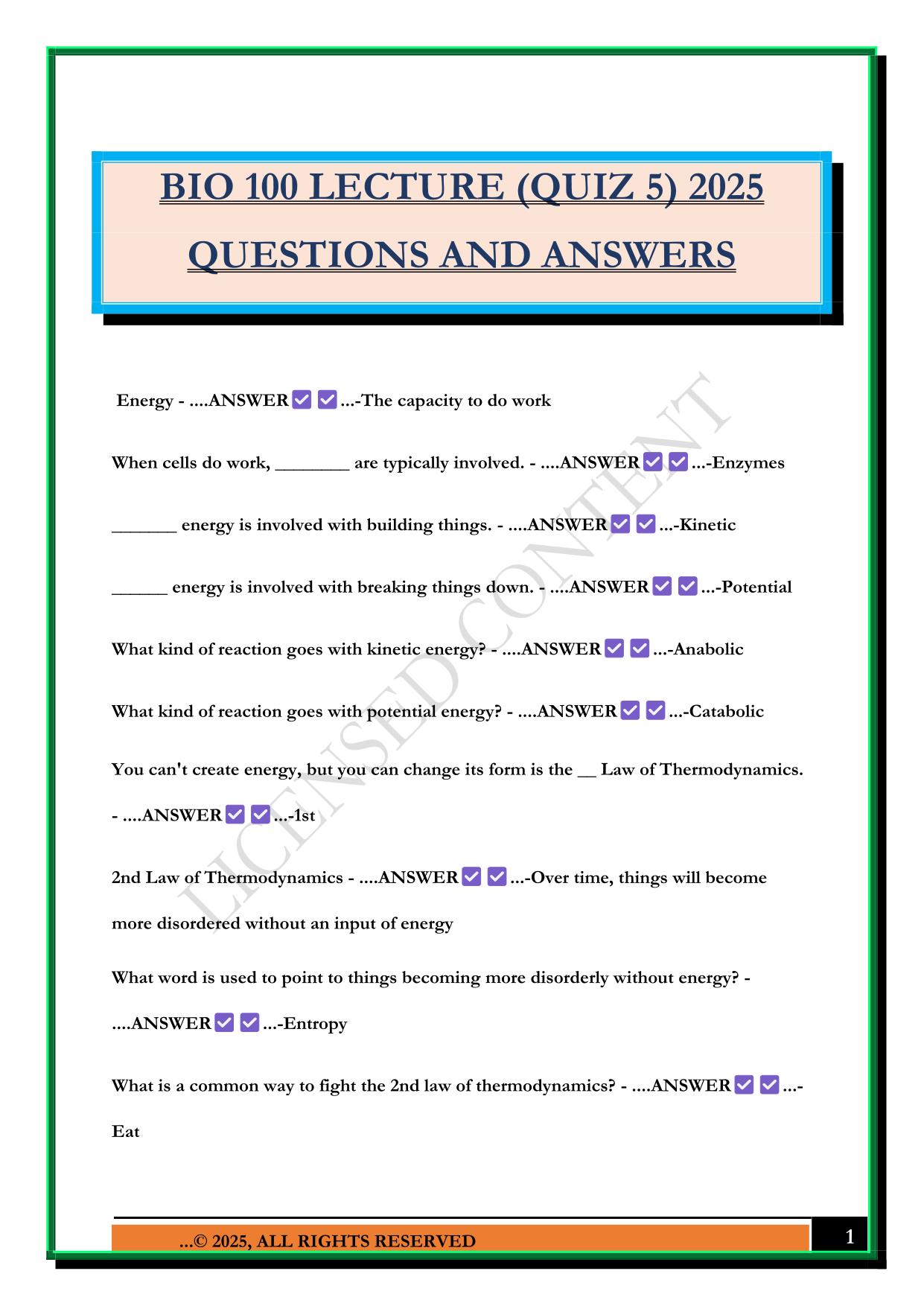 BIO 100 LECTURE (QUIZ 5) 2025 QUESTIONS AND ANSWERS