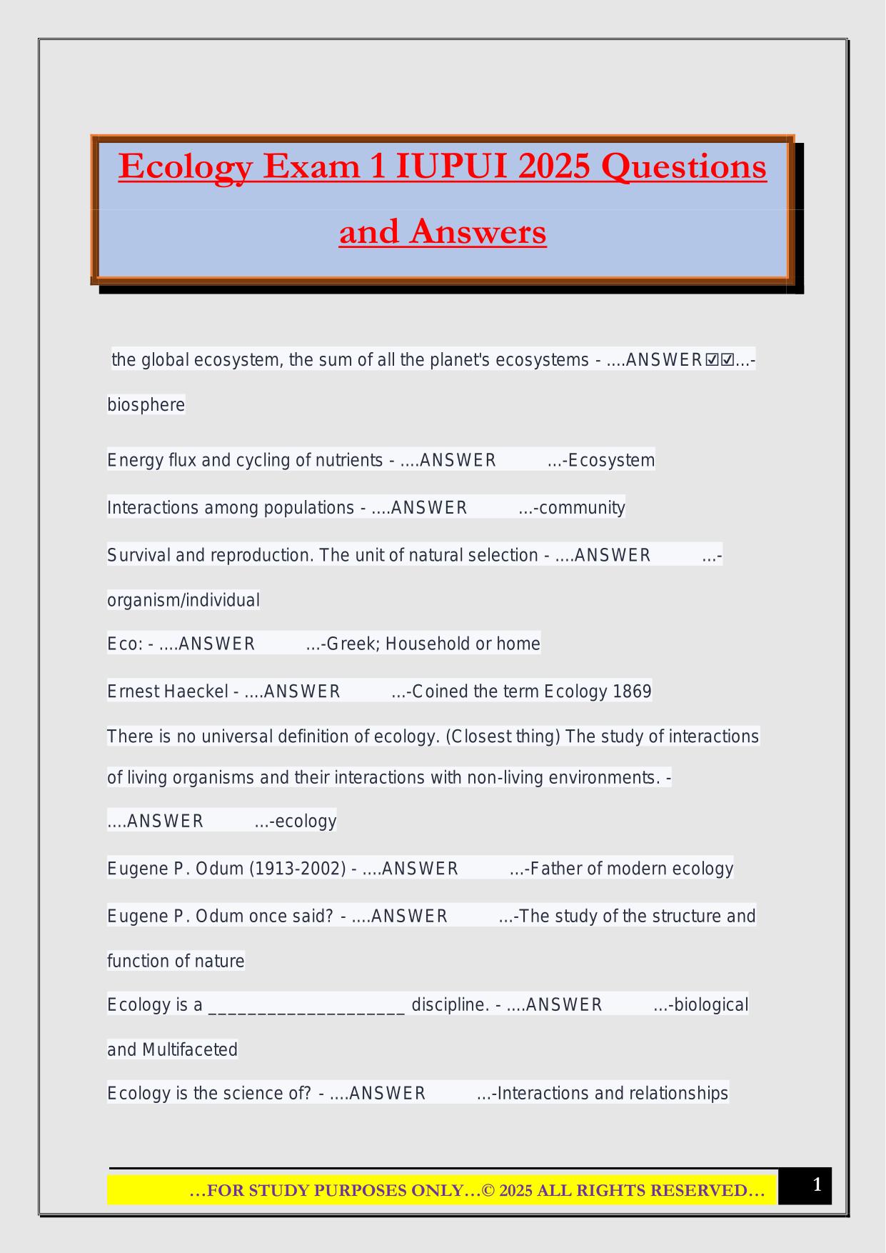 Ecology Exam 1 IUPUI 2025 Questions and Answers