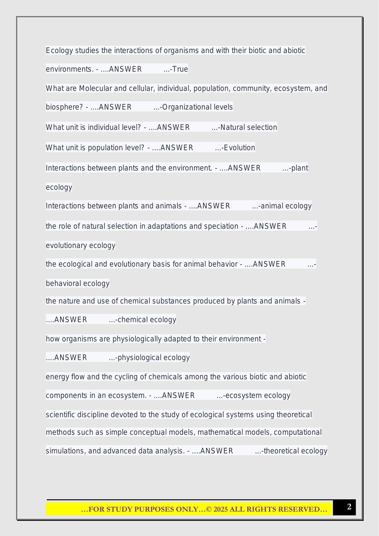 Ecology Exam 1 IUPUI 2025 Questions and Answers