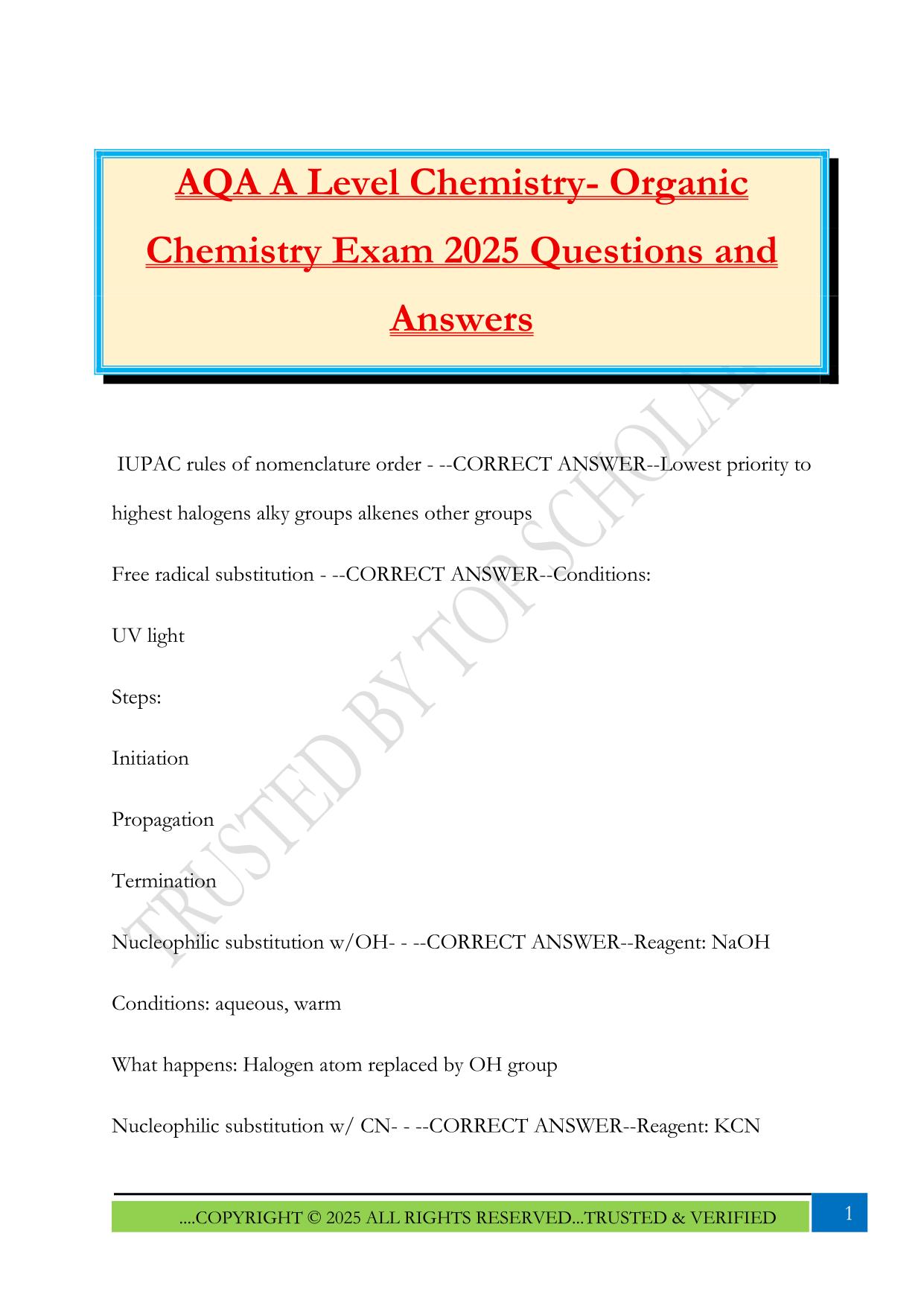 AQA A Level Chemistry- Organic Chemistry Exam 2025 Questions and Answers