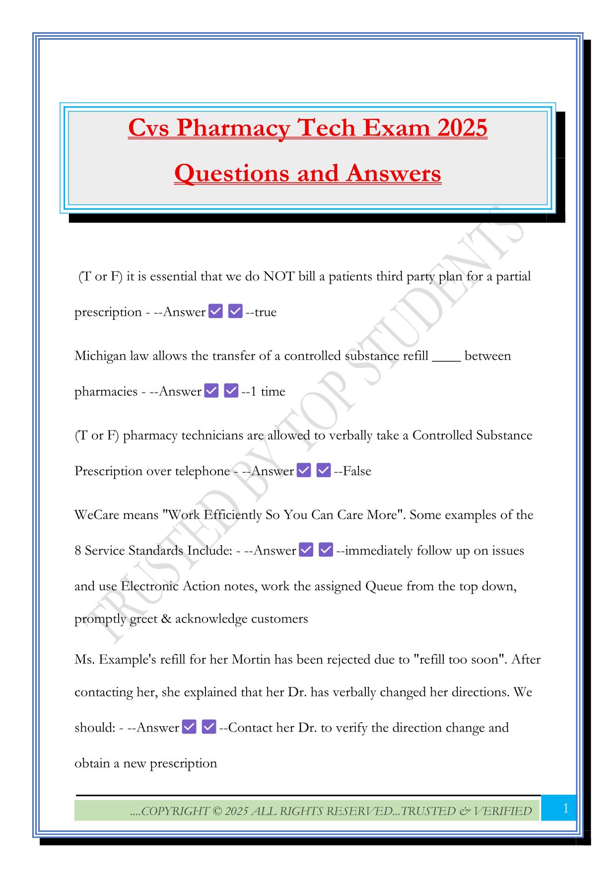 Cvs Pharmacy Tech Exam 2025 Questions and Answers
