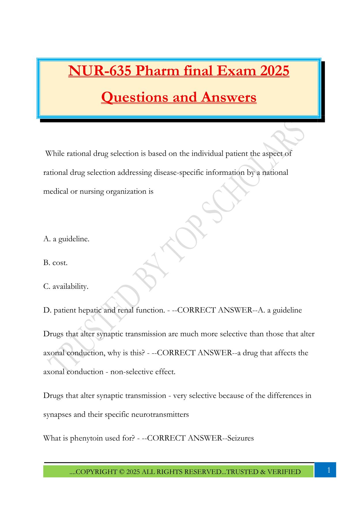 NUR-635 Pharm final Exam 2025 Questions and Answers