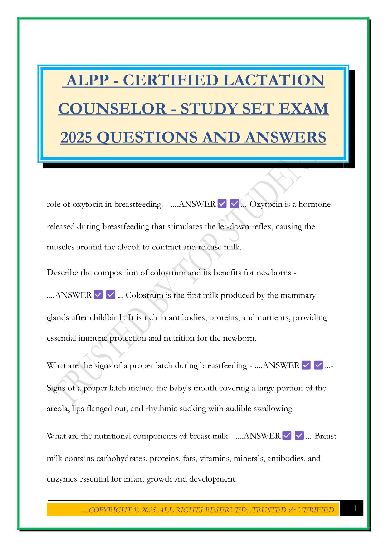 ALPP - CERTIFIED LACTATION COUNSELOR - STUDY SET EXAM 2025 QUESTIONS AND ANSWERS