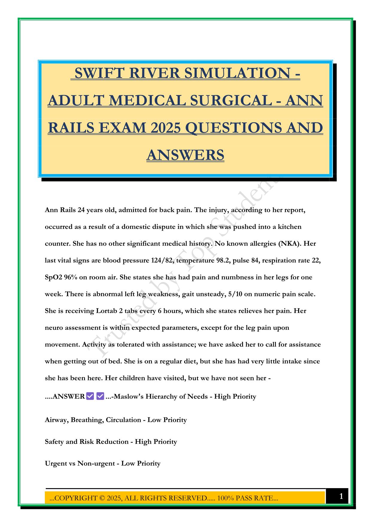 SWIFT RIVER SIMULATION - ADULT MEDICAL SURGICAL - ANN RAILS EXAM 2025 QUESTIONS AND ANSWERS