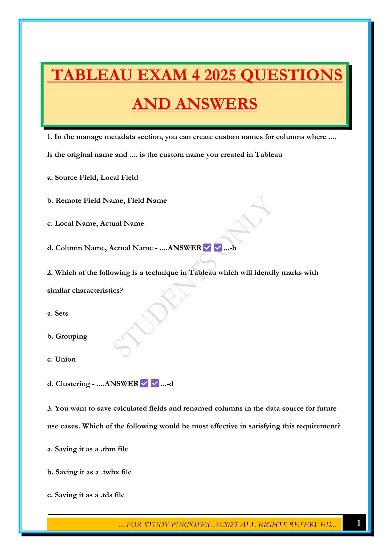 TABLEAU EXAM 4 2025 QUESTIONS AND ANSWERS