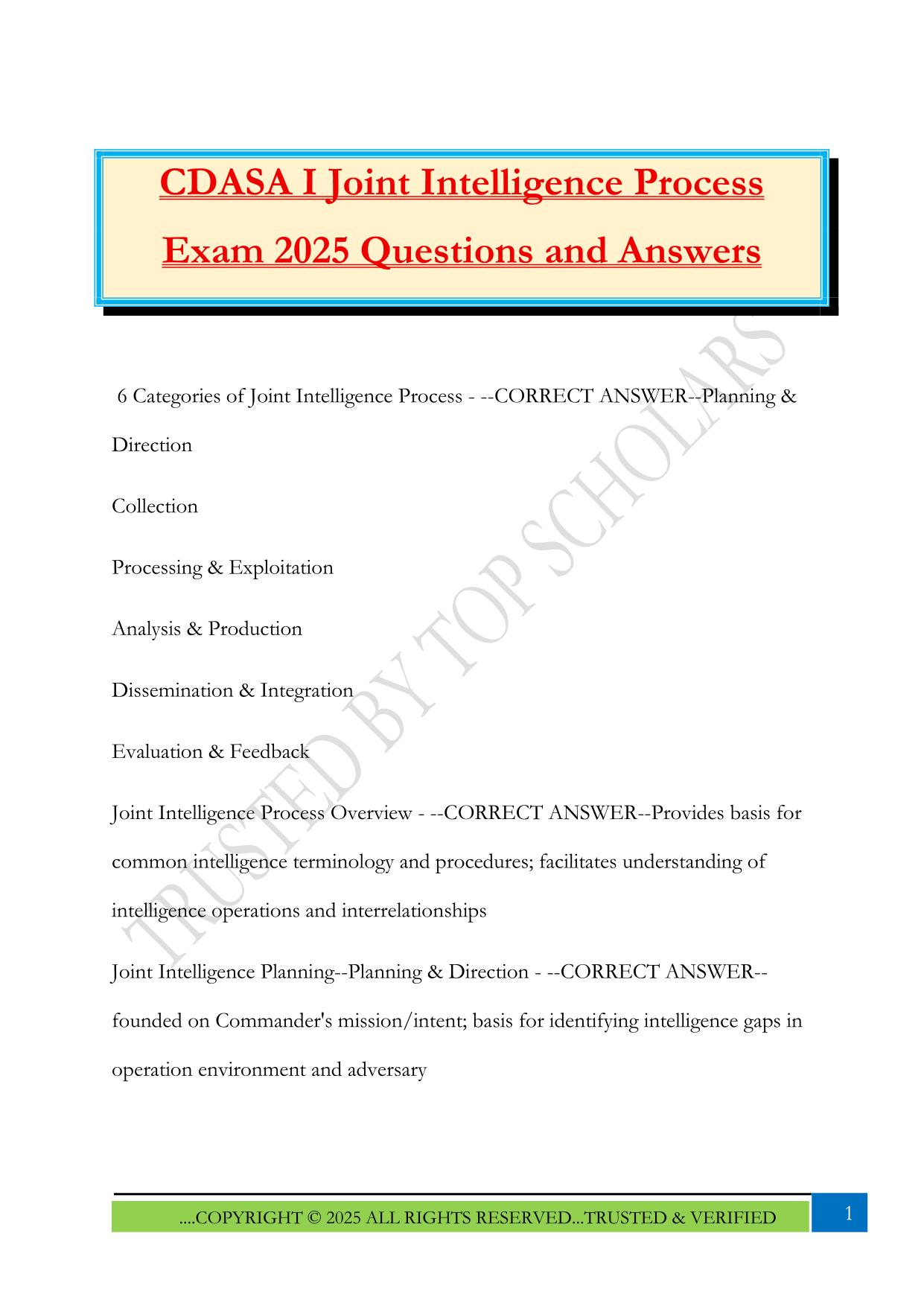 CDASA I Joint Intelligence Process Exam 2025 Questions and Answers