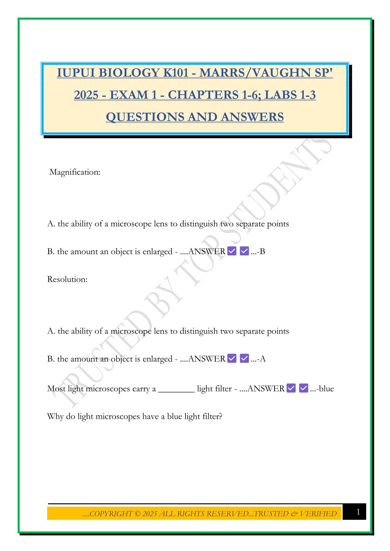 IUPUI BIOLOGY K101 - MARRS/VAUGHN SP' 2025 - EXAM 1 - CHAPTERS 1-6; LABS 1-3 QUESTIONS AND ANSWERS