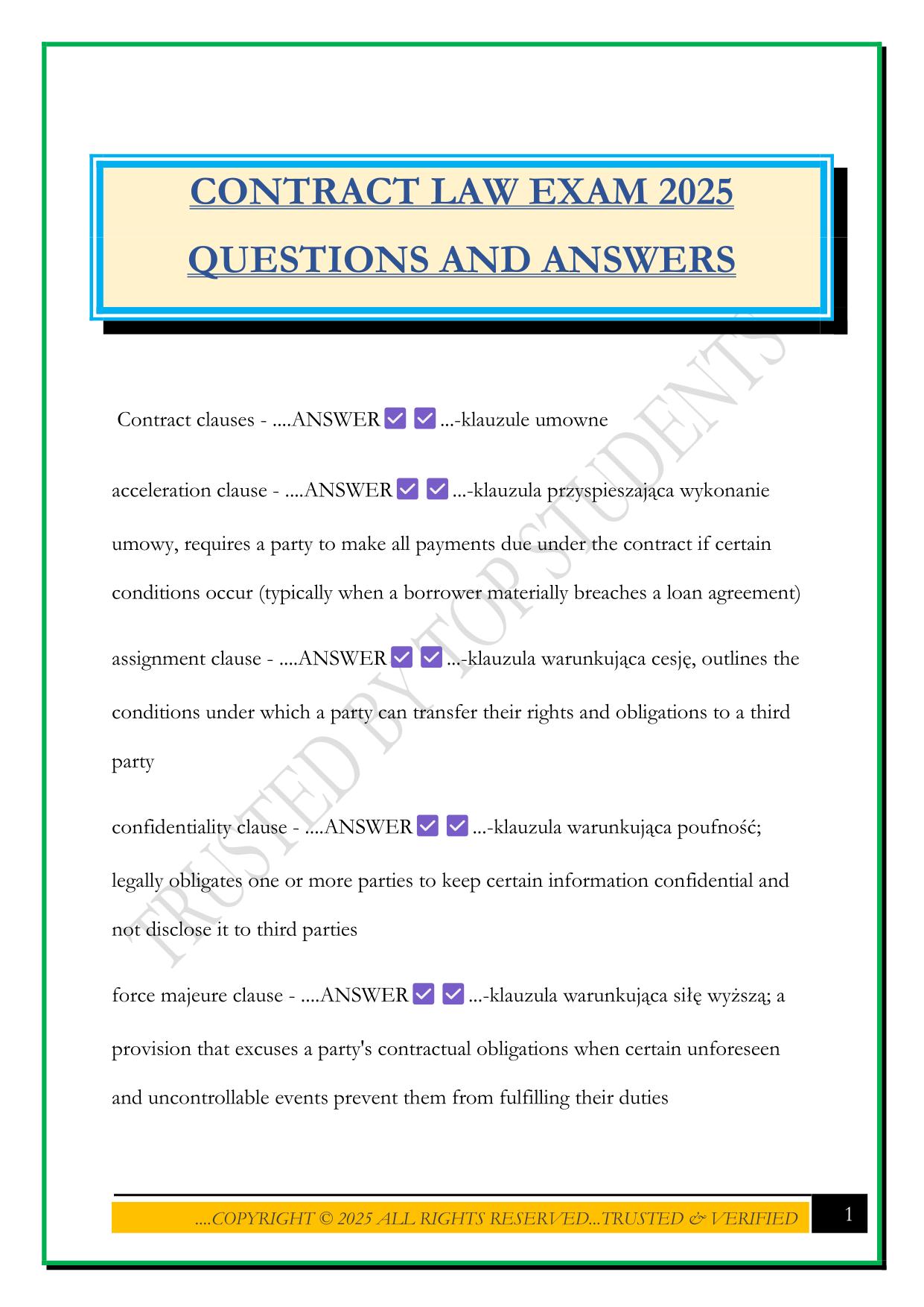 CONTRACT LAW EXAM 2025 QUESTIONS AND ANSWERS