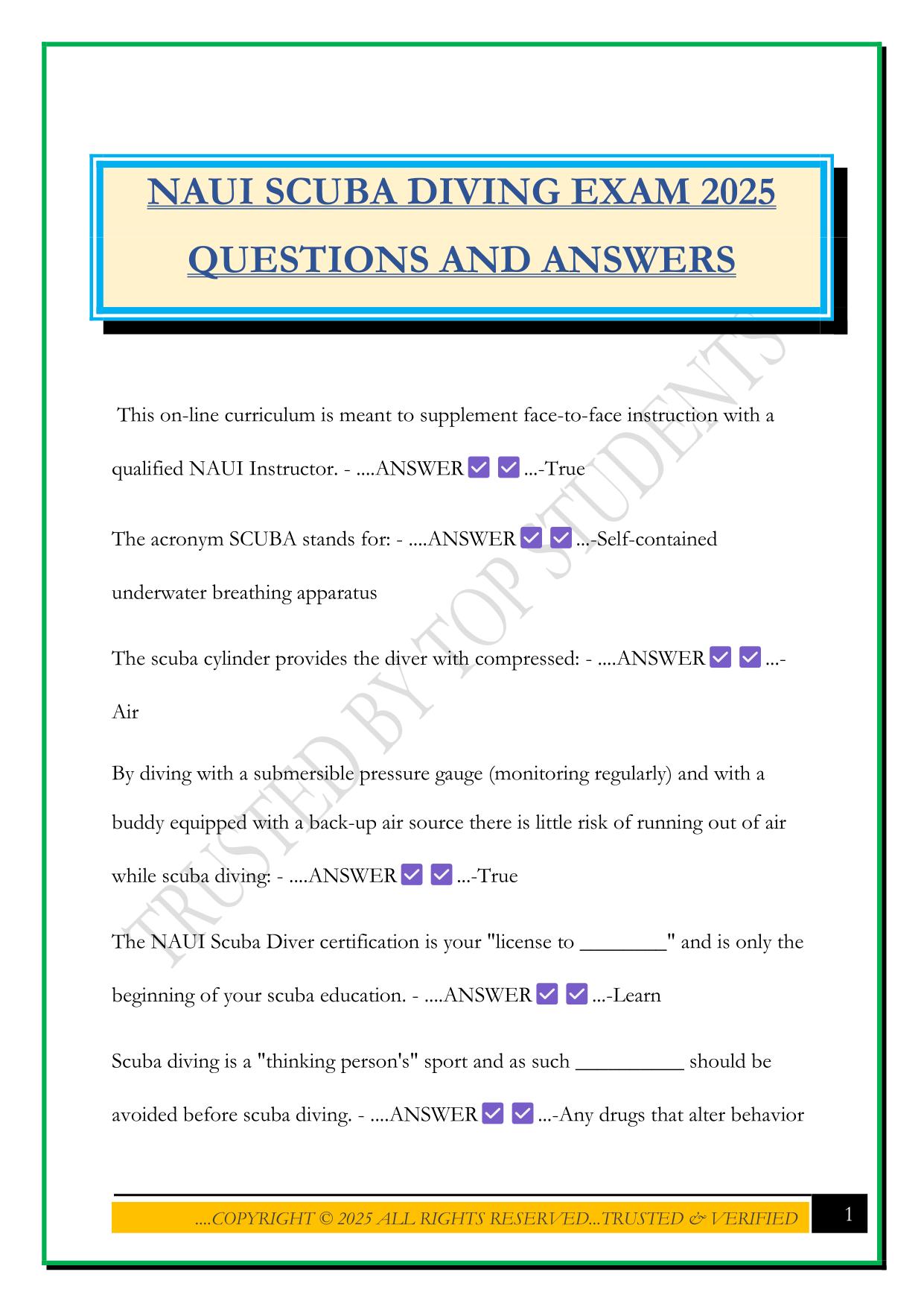 NAUI SCUBA DIVING EXAM 2025 QUESTIONS AND ANSWERS