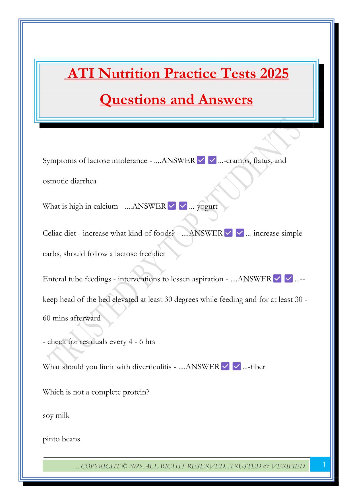 ATI Nutrition Practice Tests 2025 Questions and Answers