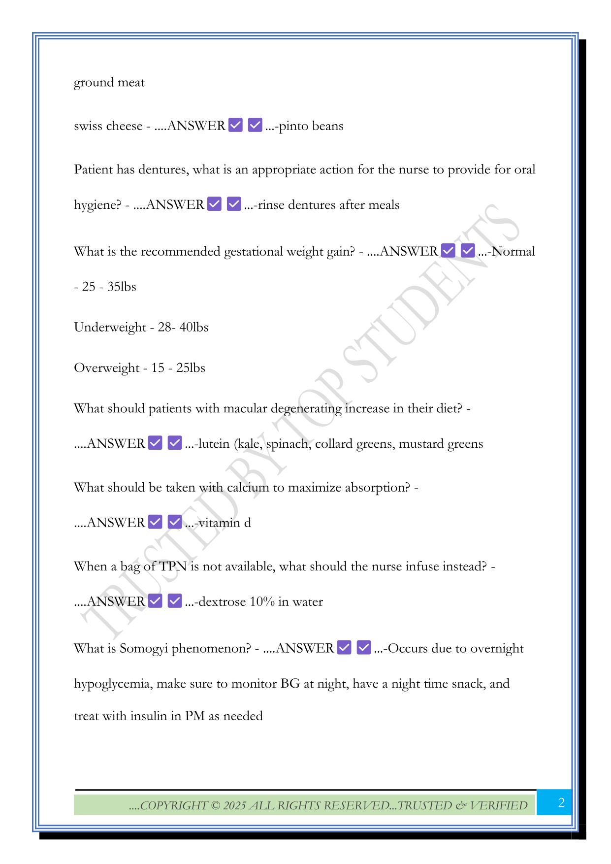 ATI Nutrition Practice Tests 2025 Questions and Answers