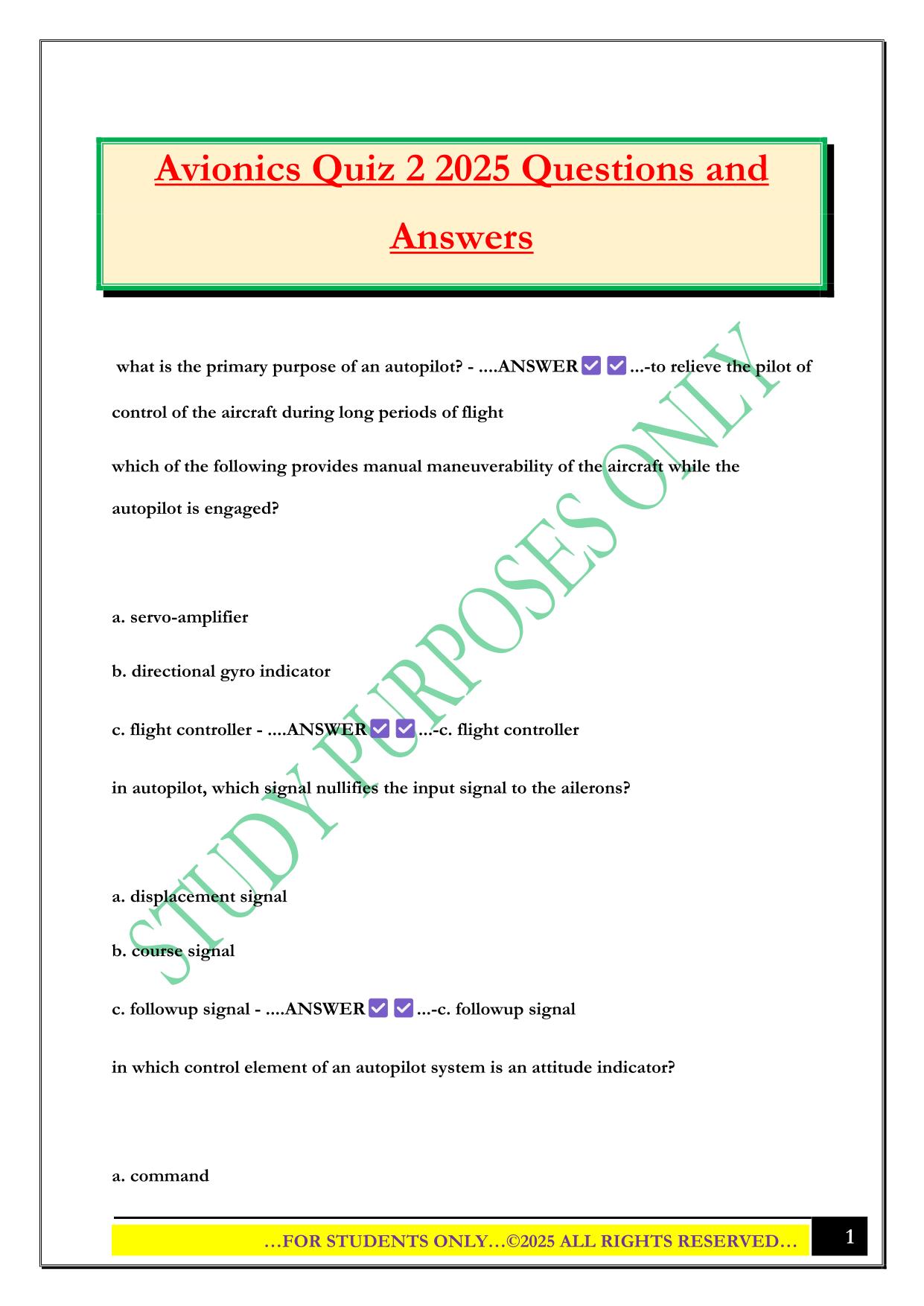 Avionics Quiz 2 2025 Questions and Answers