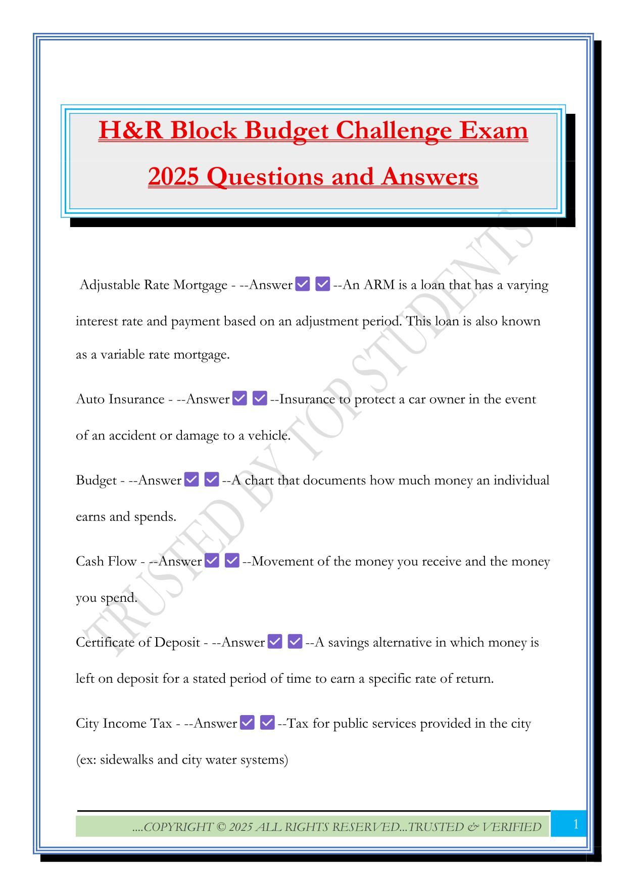 H&R Block Budget Challenge Exam 2025 Questions and Answers