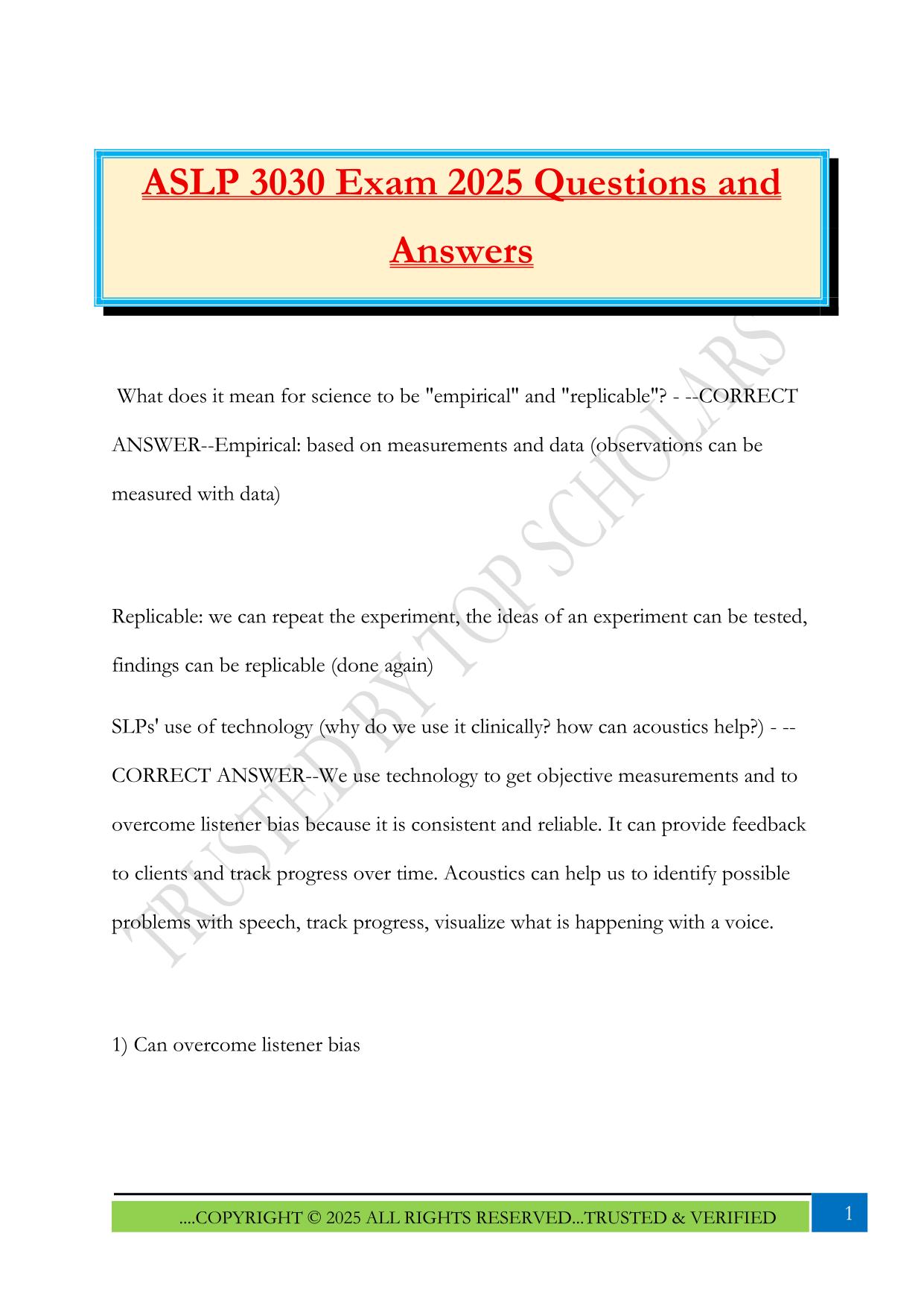 ASLP 3030 Exam 2025 Questions and Answers