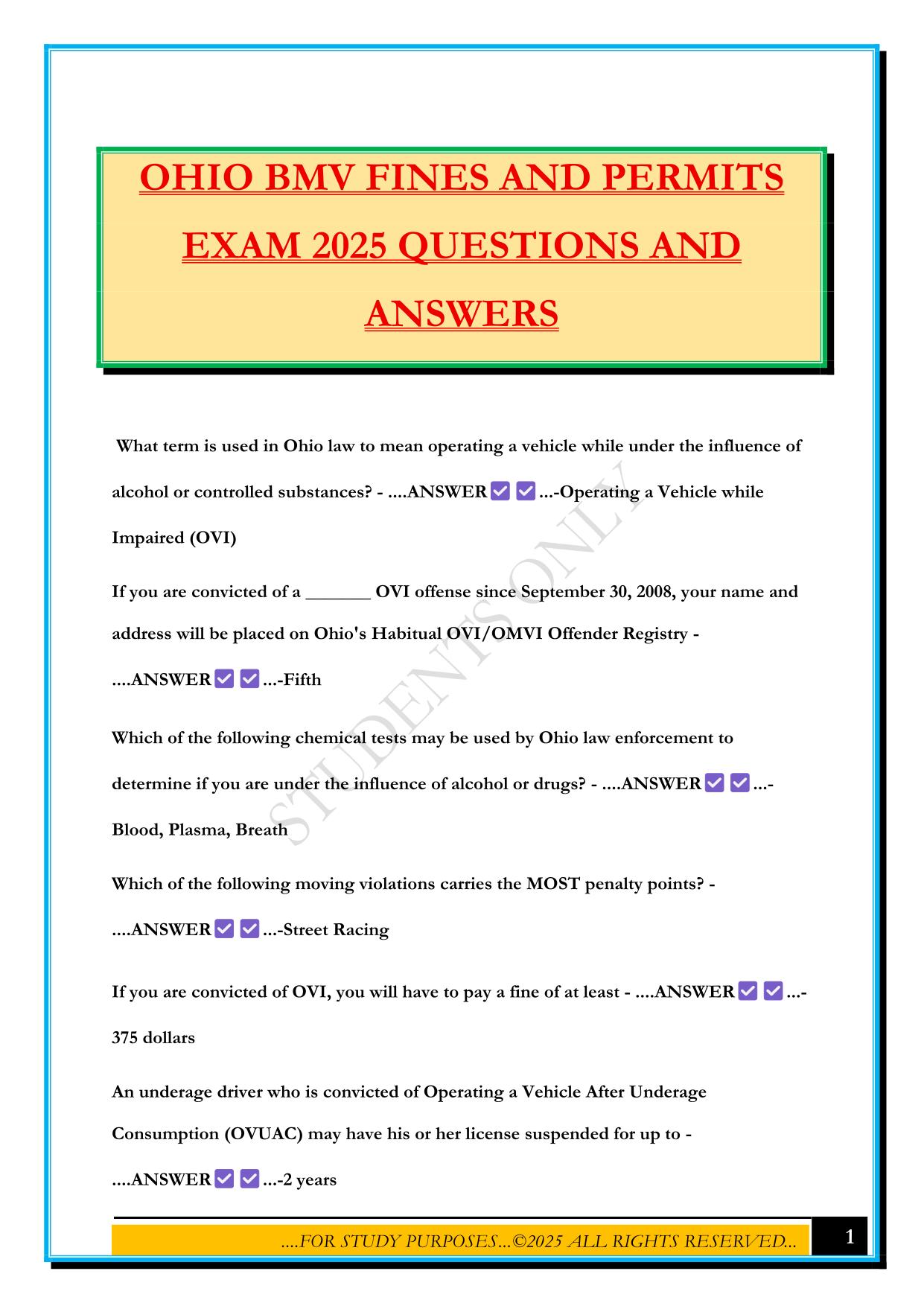 OHIO BMV FINES AND PERMITS EXAM 2025 QUESTIONS AND ANSWERS