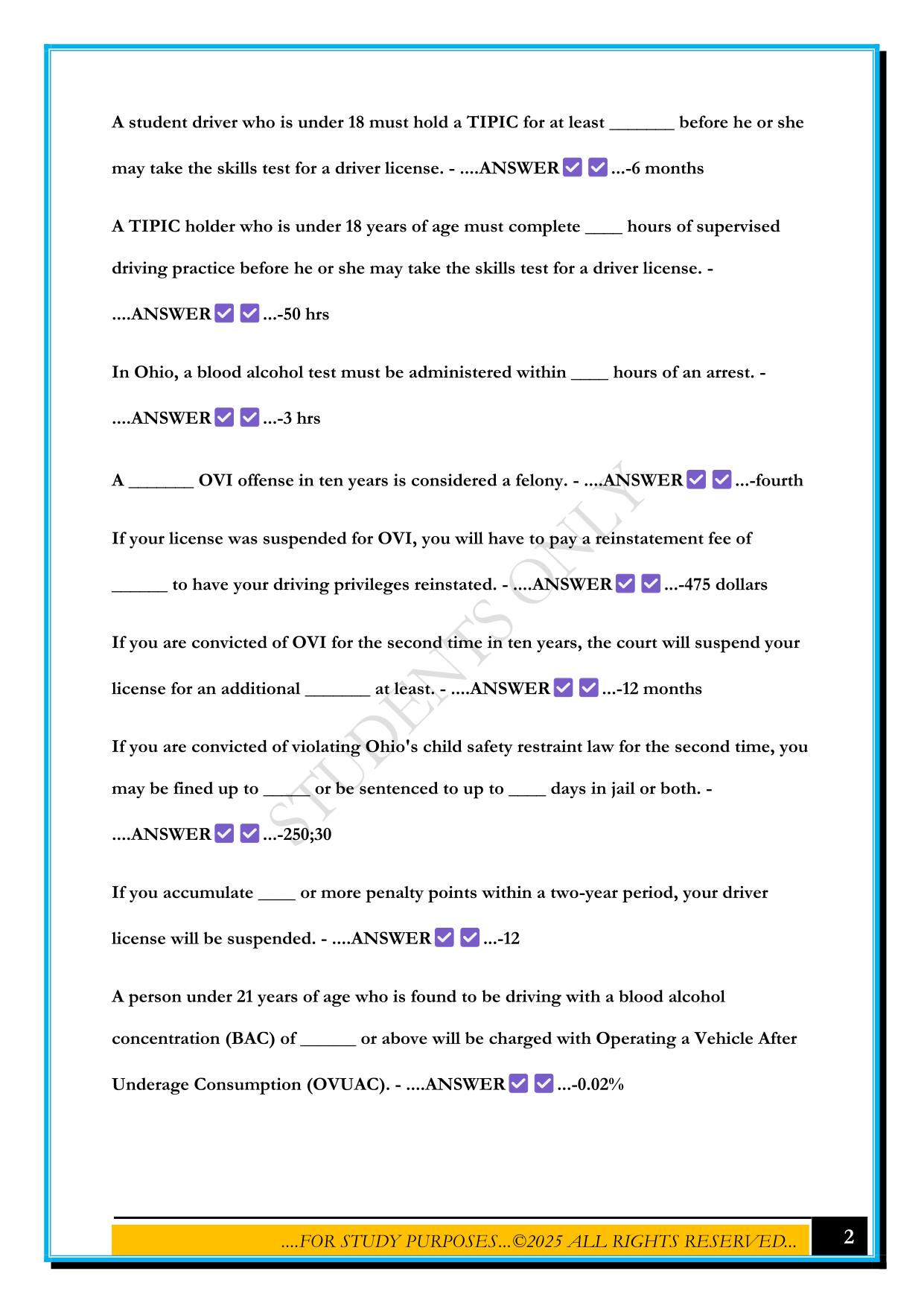 OHIO BMV FINES AND PERMITS EXAM 2025 QUESTIONS AND ANSWERS