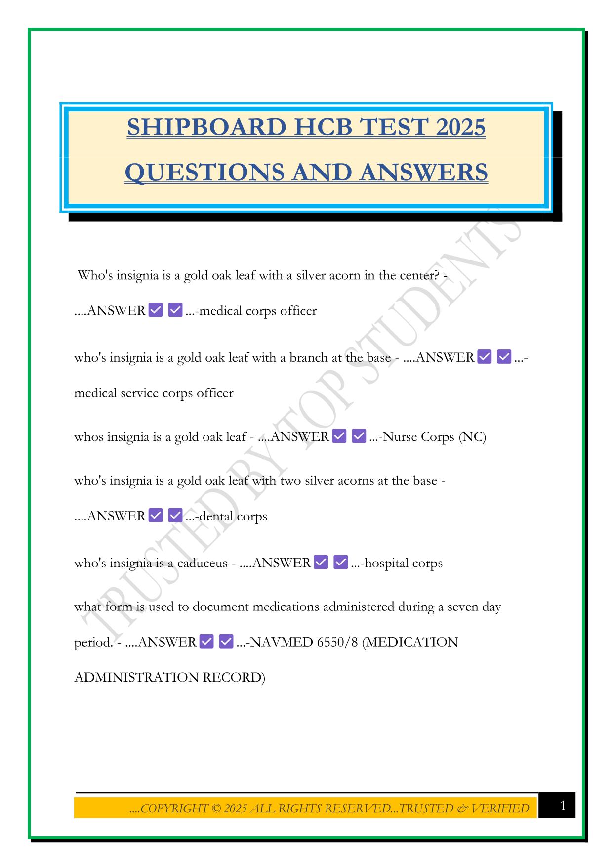 SHIPBOARD HCB TEST 2025 QUESTIONS AND ANSWERS
