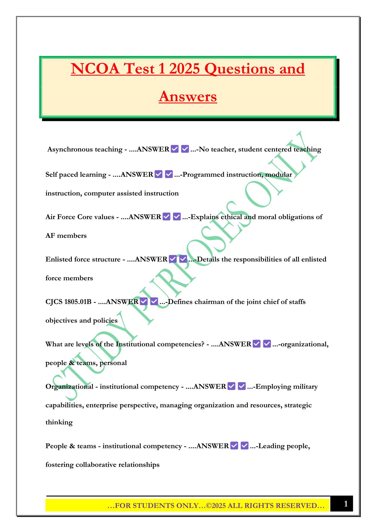 NCOA Test 1 2025 Questions and Answers