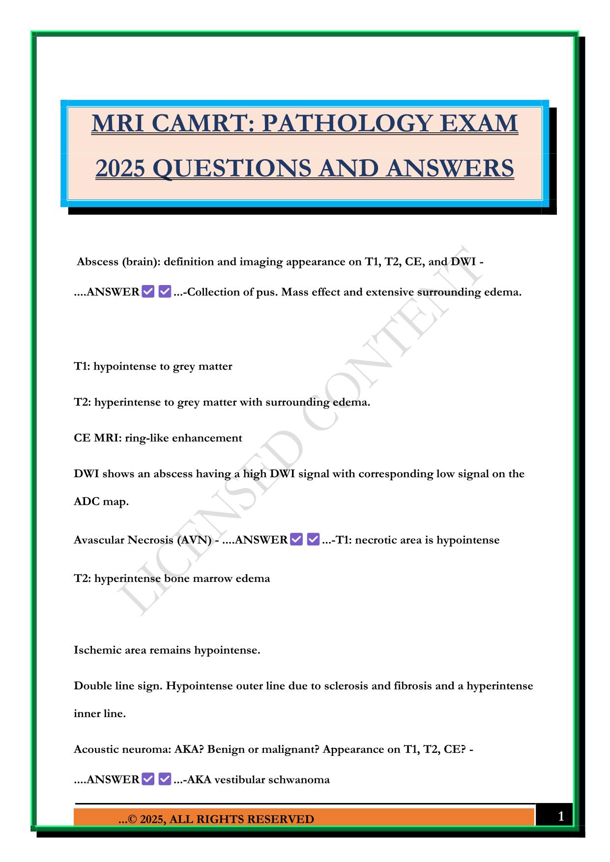 MRI CAMRT: PATHOLOGY EXAM 2025 QUESTIONS AND ANSWERS