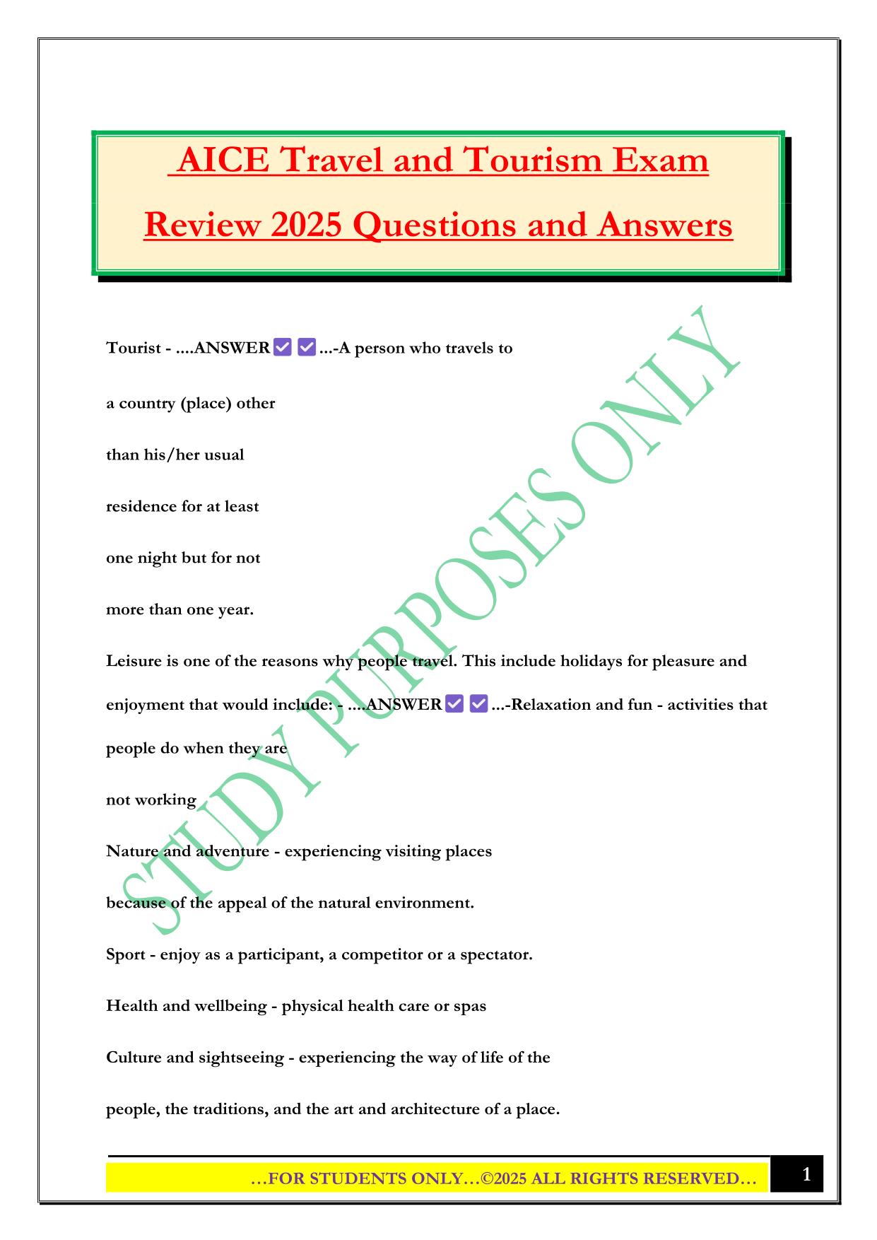 AICE Travel and Tourism Exam Review 2025 Questions and Answers