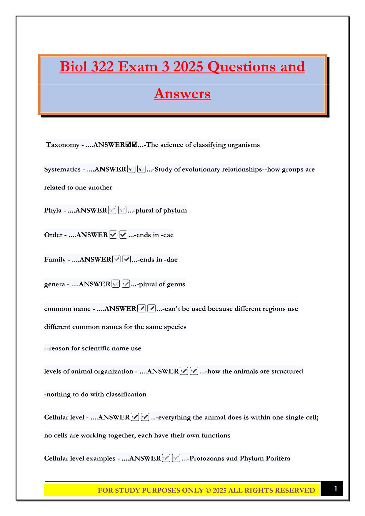 Biol 322 Exam 3 2025 Questions and Answers