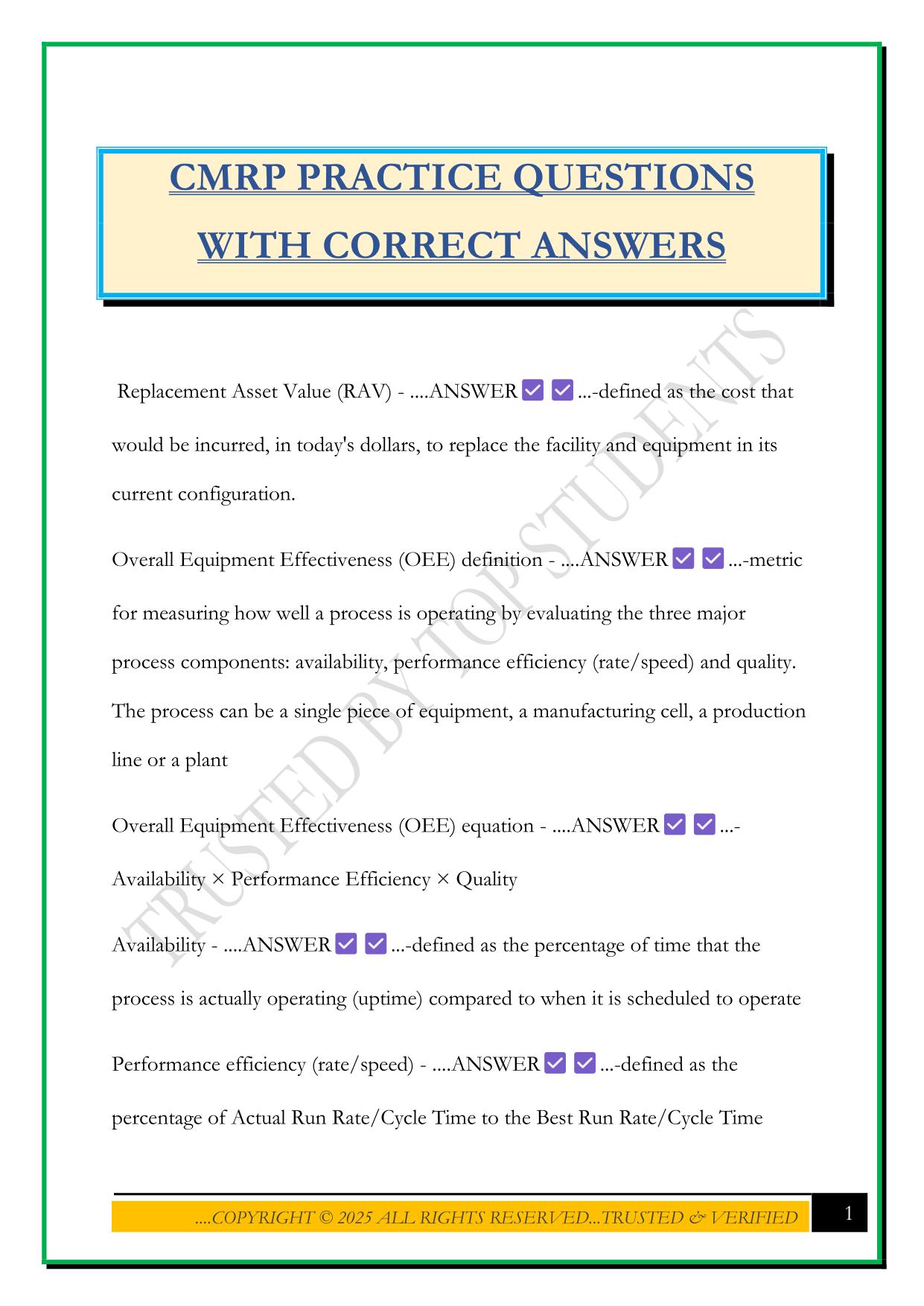 CMRP PRACTICE QUESTIONS WITH CORRECT ANSWERS