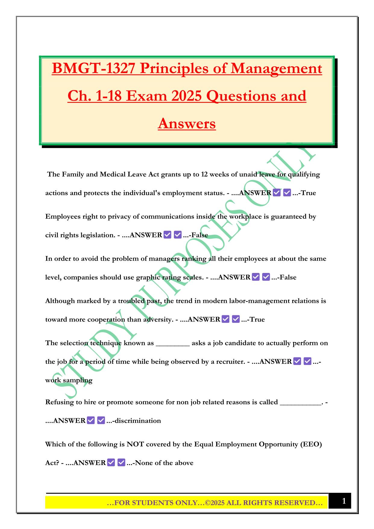 BMGT-1327 Principles of Management Ch. 1-18 Exam 2025 Questions and Answers