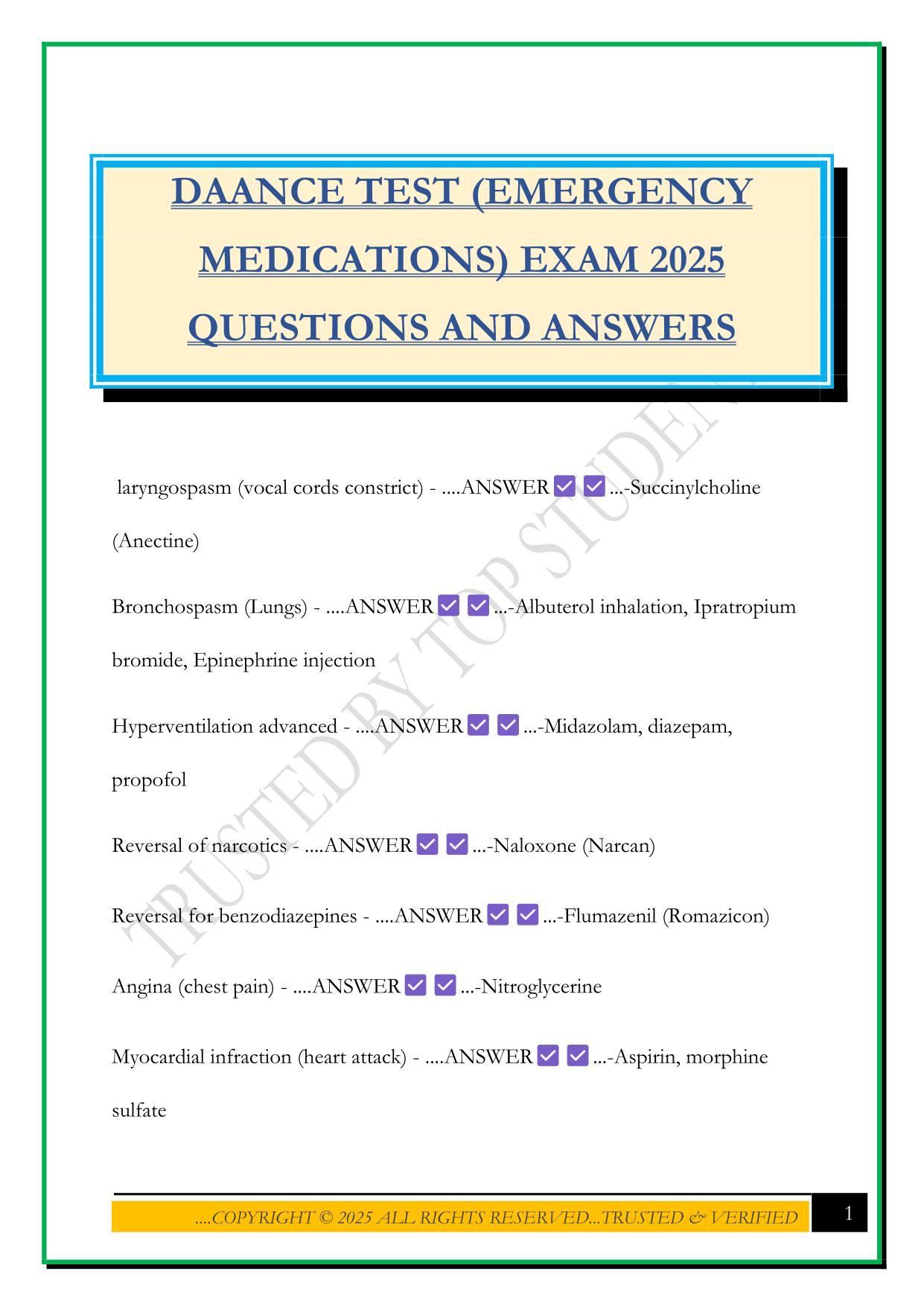 DAANCE TEST (EMERGENCY MEDICATIONS) EXAM 2025 QUESTIONS AND ANSWERS