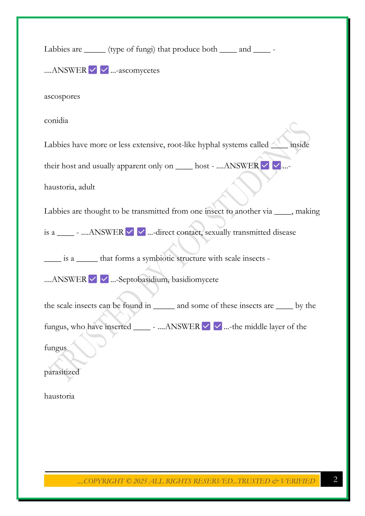 BESC 204 - SYMBIOTIC RELATIONSHIPS: FUNGI AND INSECTS EXAM 2025 QUESTIONS AND ANSWERS