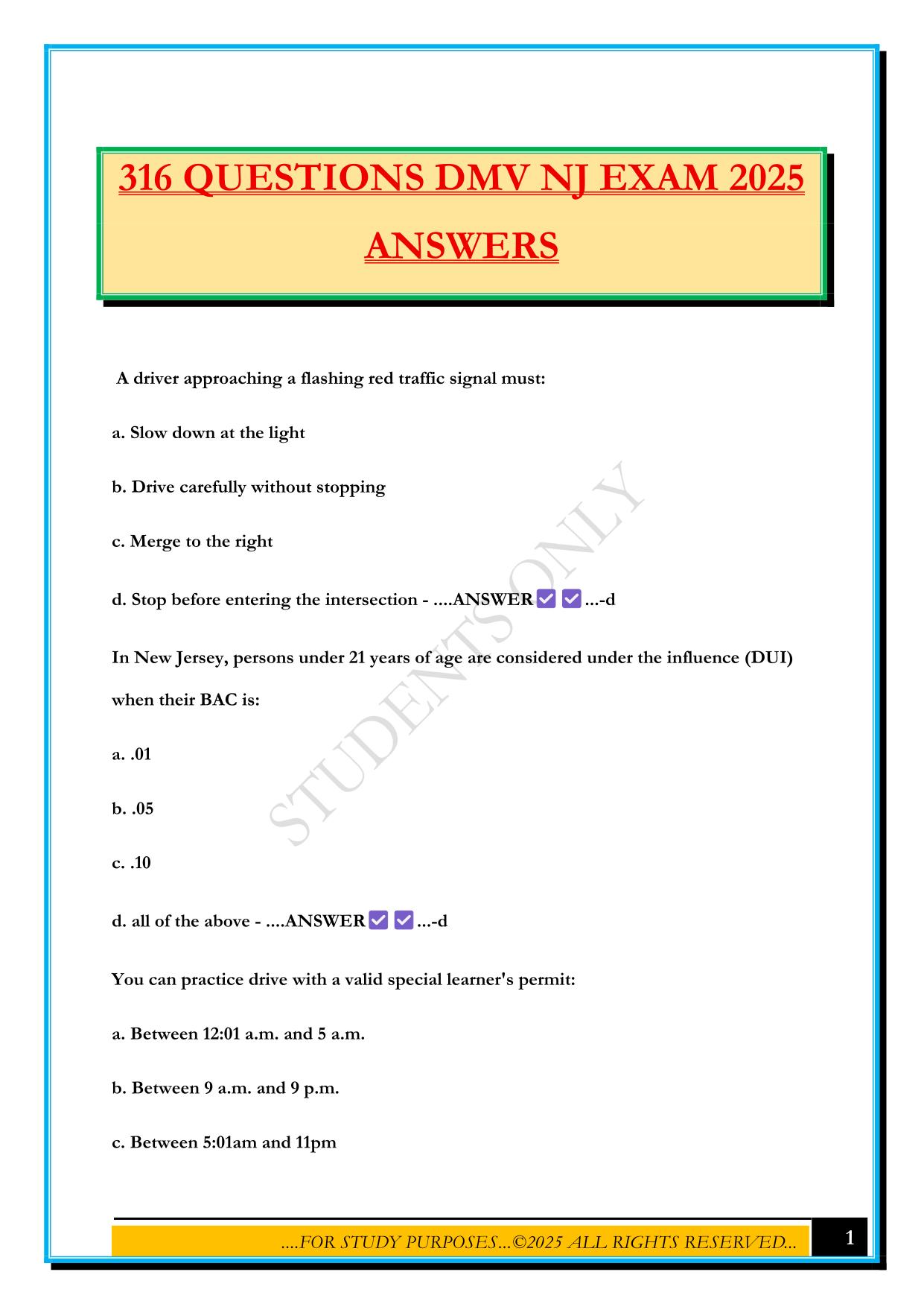 316 QUESTIONS DMV NJ EXAM 2025 ANSWERS