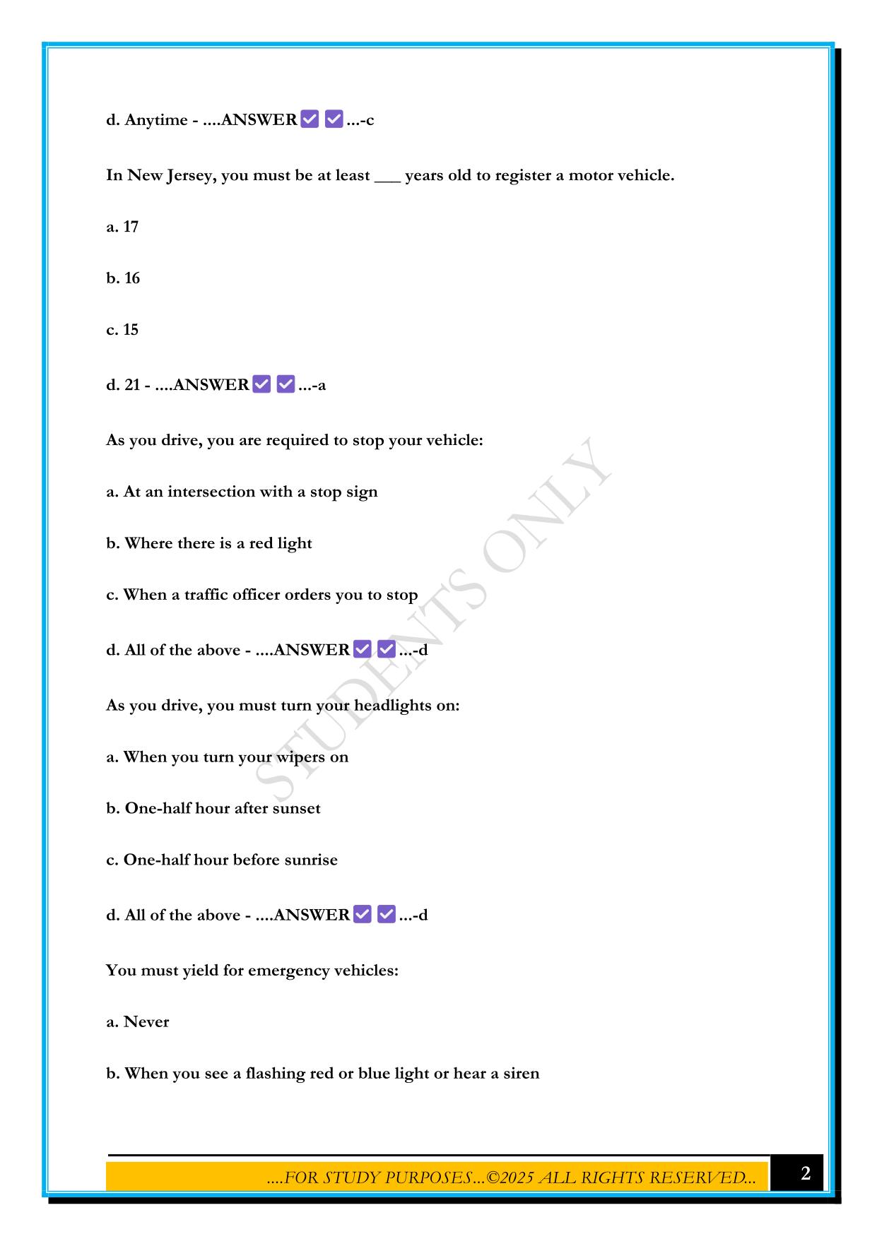 316 QUESTIONS DMV NJ EXAM 2025 ANSWERS