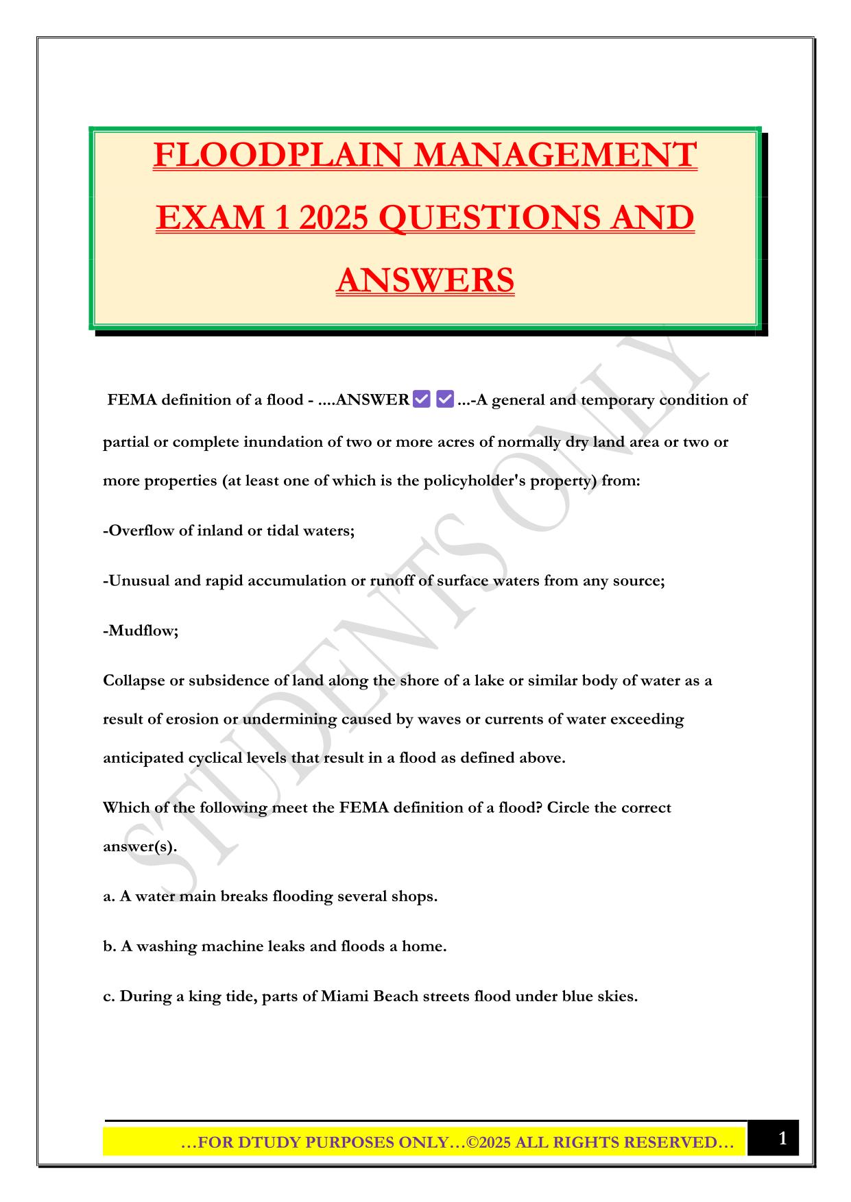 FLOODPLAIN MANAGEMENT EXAM 1 2025 QUESTIONS AND ANSWERS