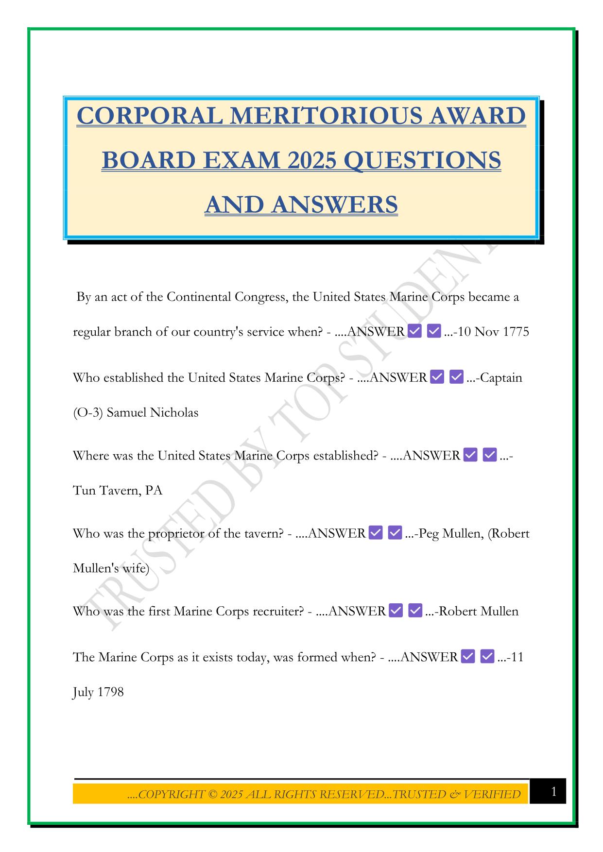 CORPORAL MERITORIOUS AWARD BOARD EXAM 2025 QUESTIONS AND ANSWERS